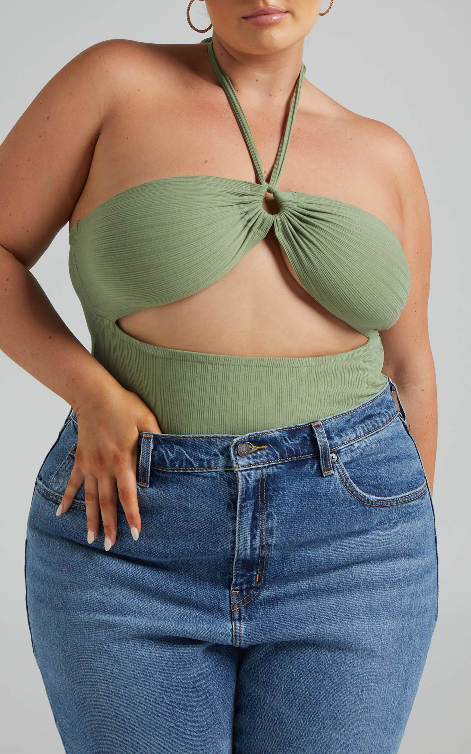 Jolina Bodysuit - Halter Neck Cut Out Bodysuit in Sage