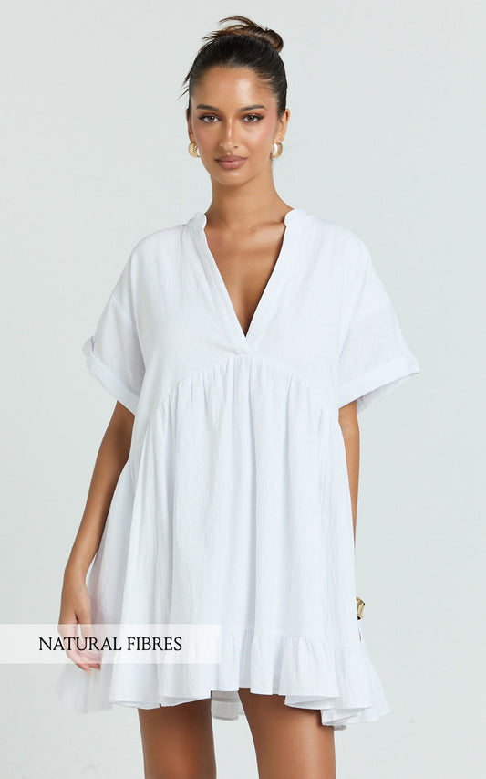 Calissa Mini Dress - Frill Hem Smock Dress in White