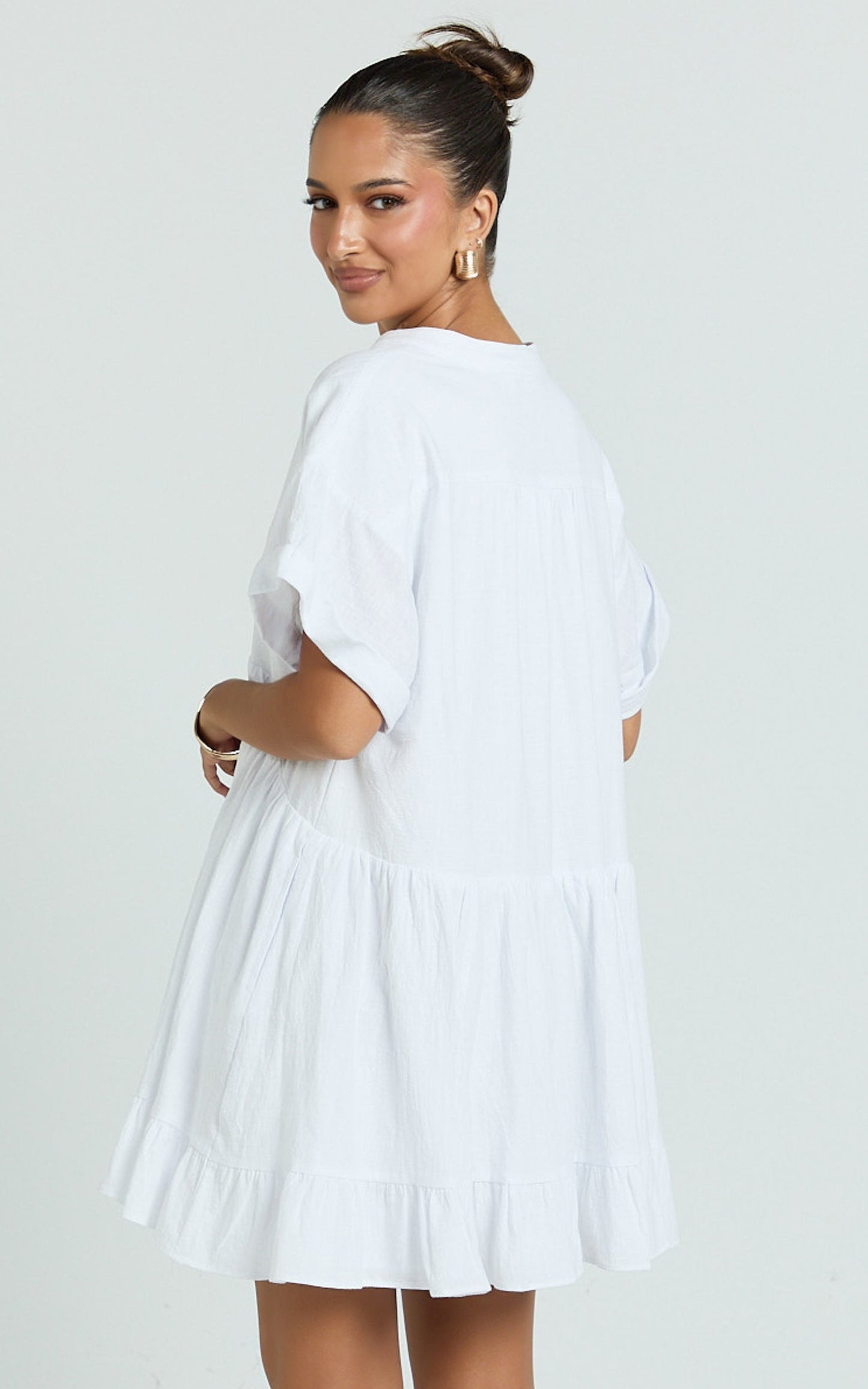 Calissa Mini Dress - Frill Hem Smock Dress in White