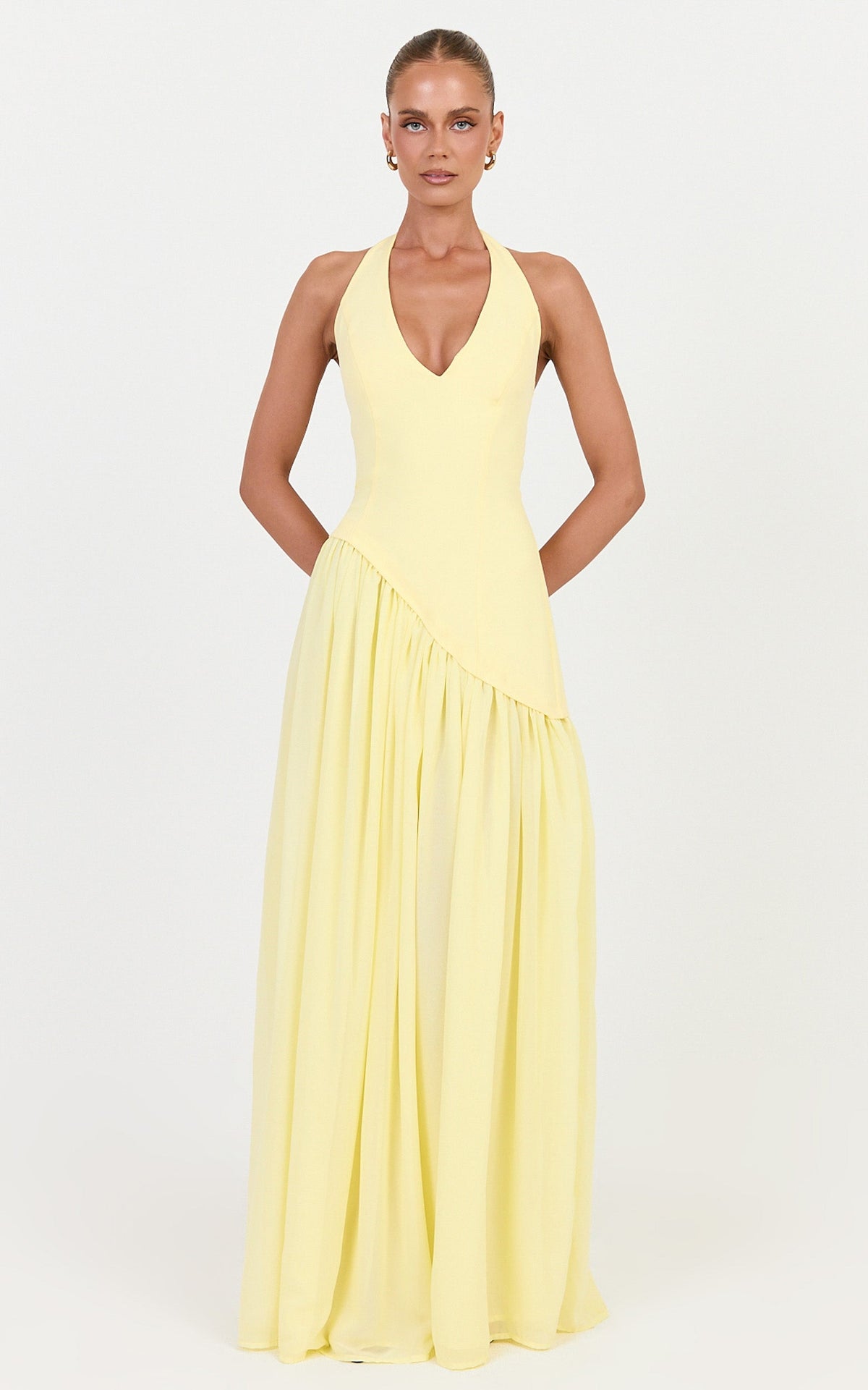 Calla Maxi Dress - Halter Neck Asymmetric Dropped Waist Dress in Lemon