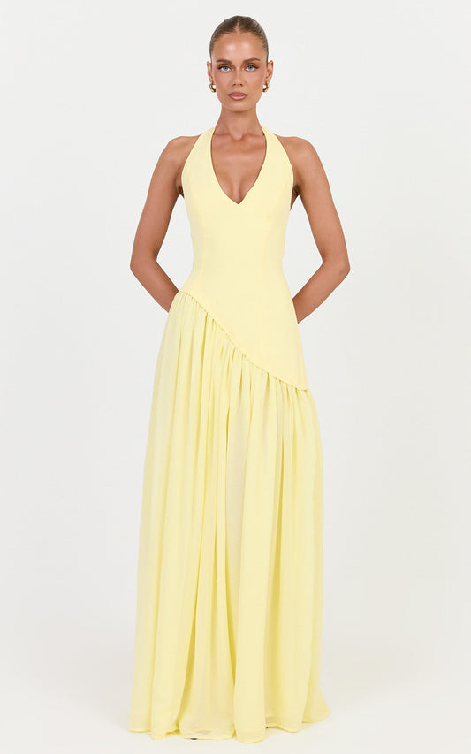 Calla Maxi Dress - Halter Neck Asymmetric Dropped Waist Dress in Lemon