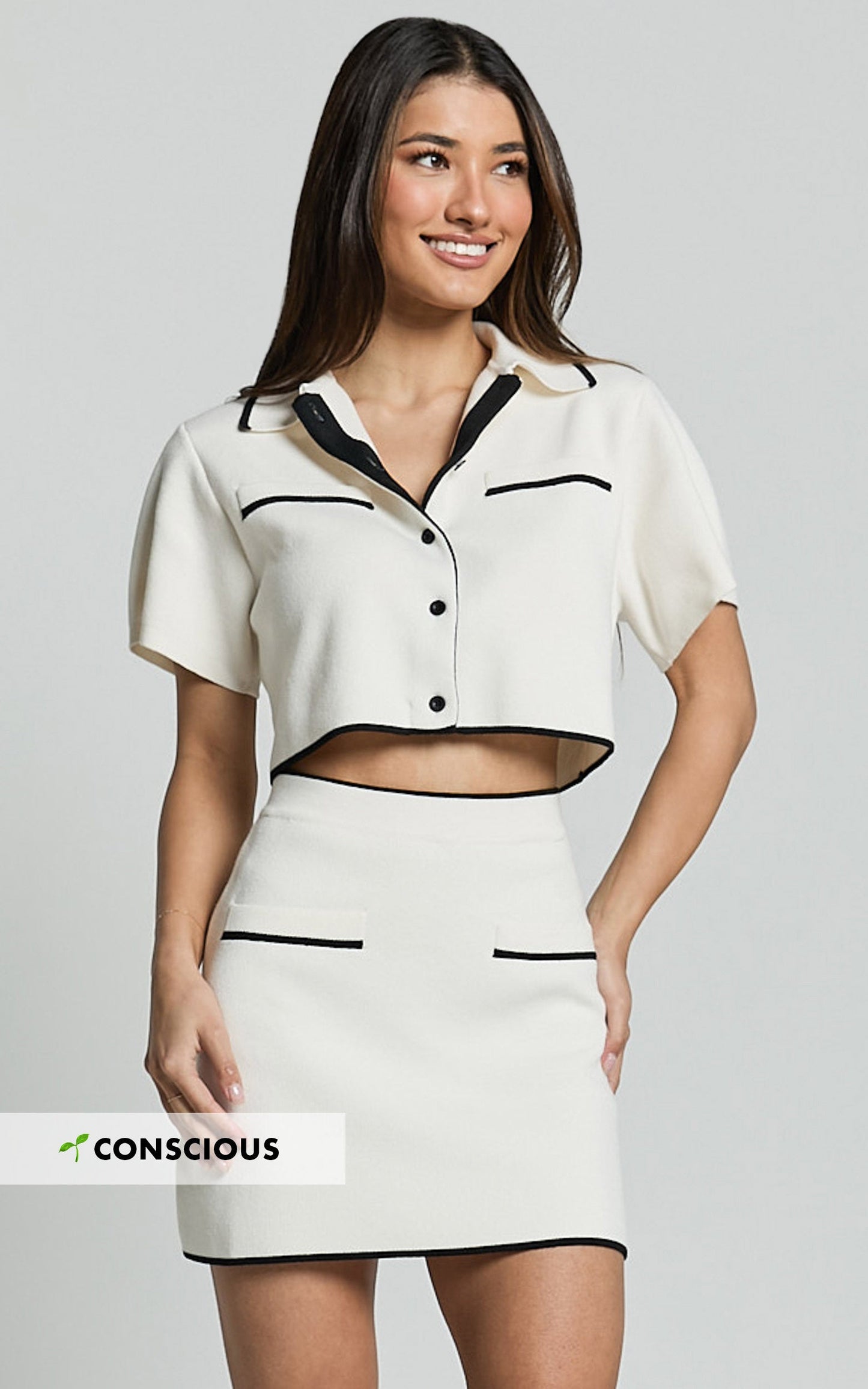Callie Top- Recycled Short Sleeve Button Down Knitted Contrast Detail Crop Top in Cream