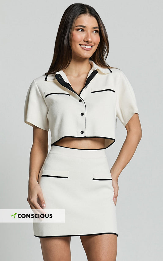 Callie Top- Recycled Short Sleeve Button Down Knitted Contrast Detail Crop Top in Cream