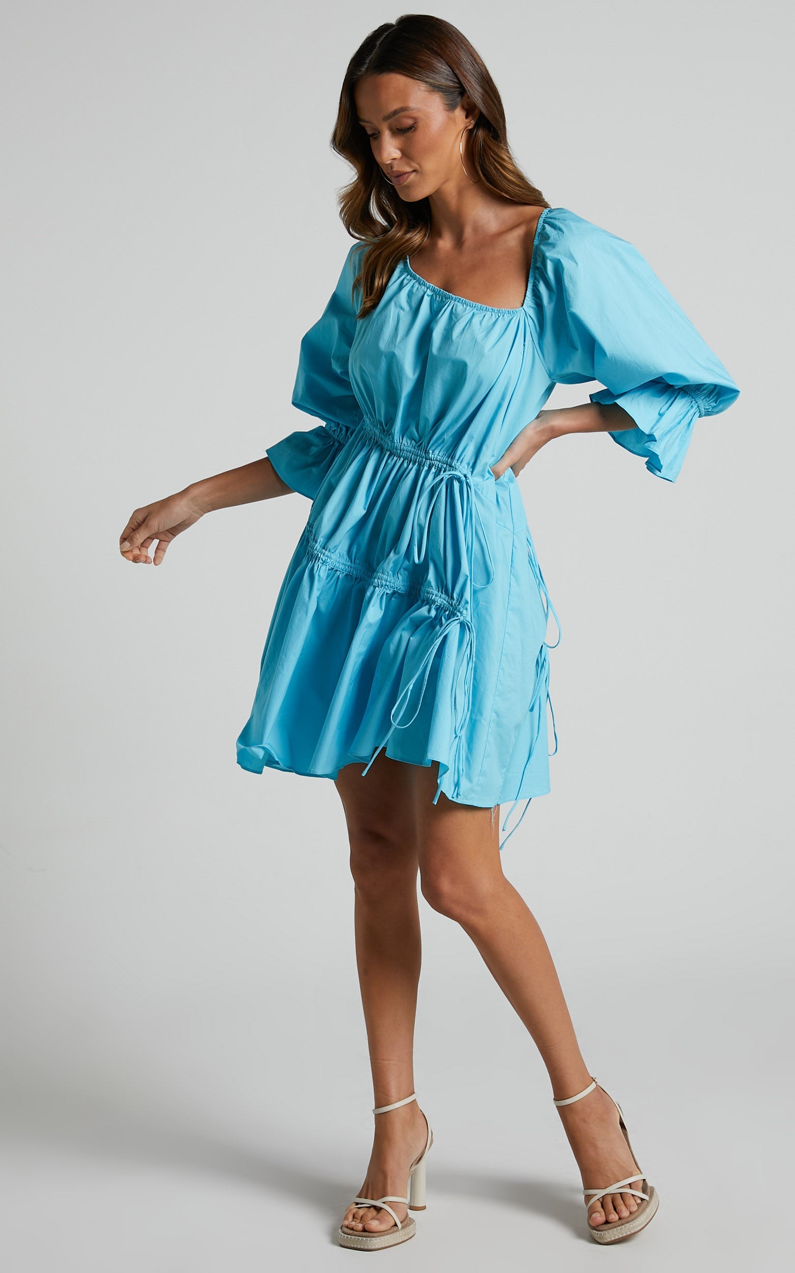 Cameron Mini Dress - Asymmetric 3/4 Sleeve Tiered Ruched Smock Dress in Blue