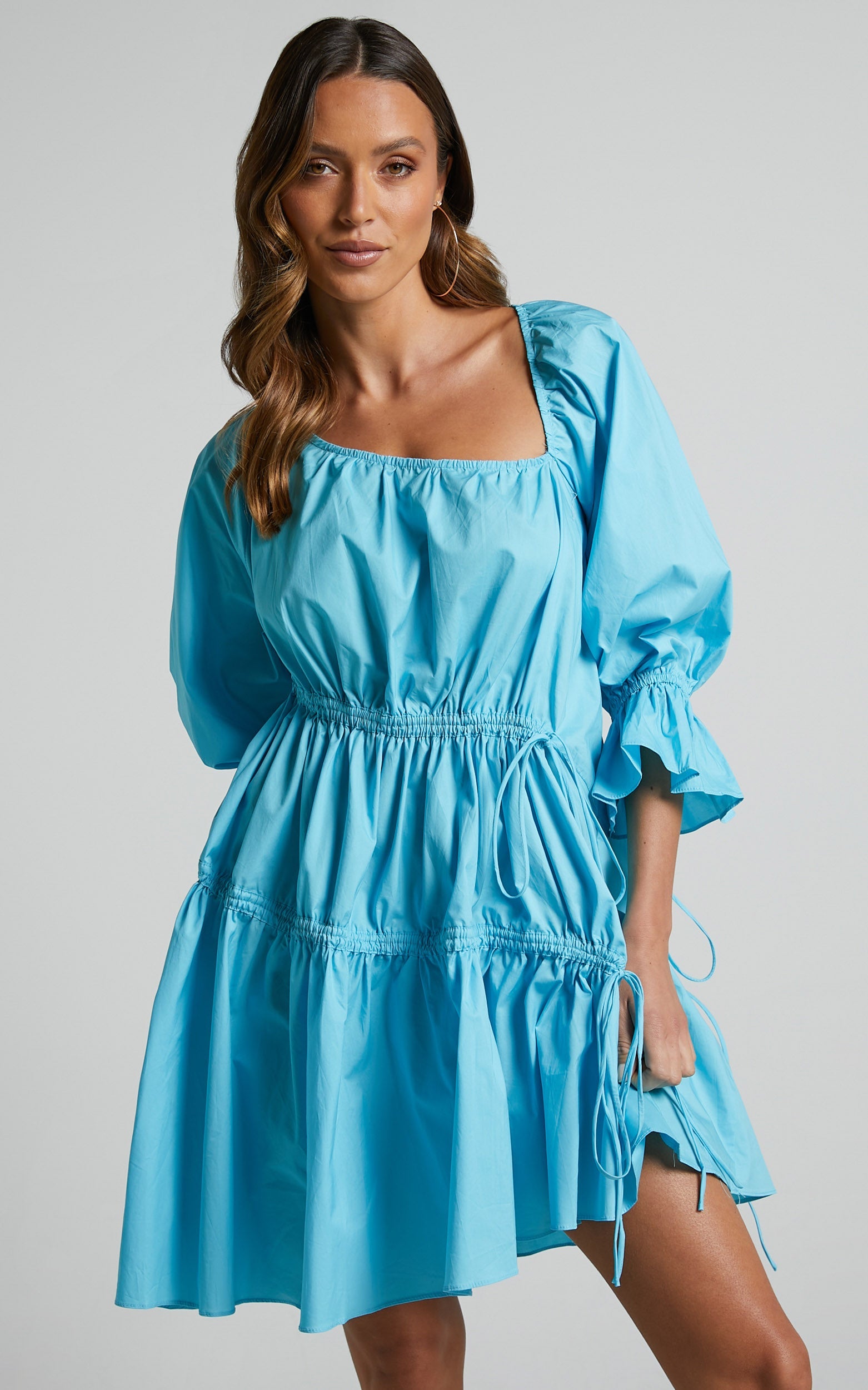 Cameron Mini Dress - Asymmetric 3/4 Sleeve Tiered Ruched Smock Dress in Blue