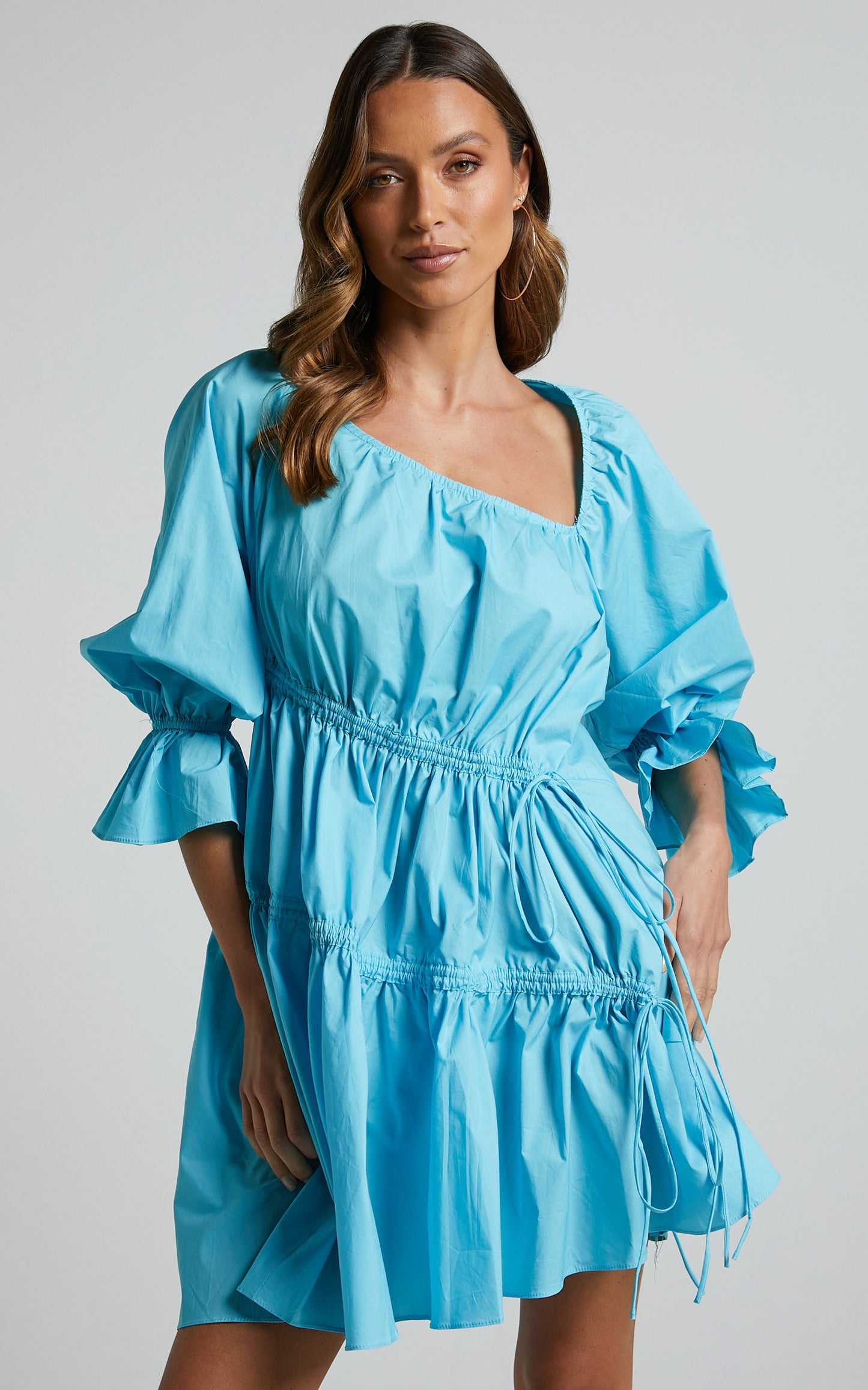 Cameron Mini Dress - Asymmetric 3/4 Sleeve Tiered Ruched Smock Dress in Blue