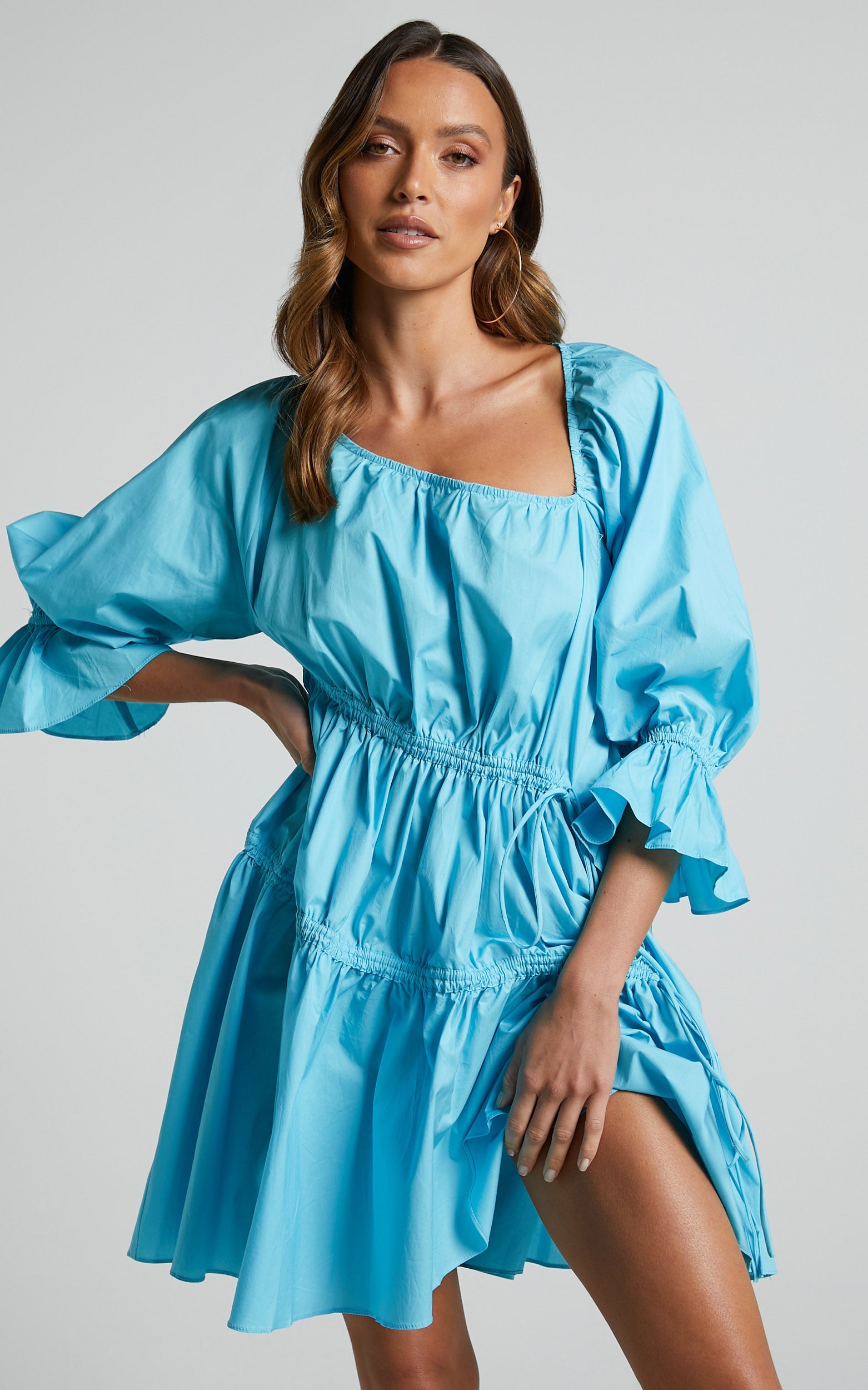 Cameron Mini Dress - Asymmetric 3/4 Sleeve Tiered Ruched Smock Dress in Blue