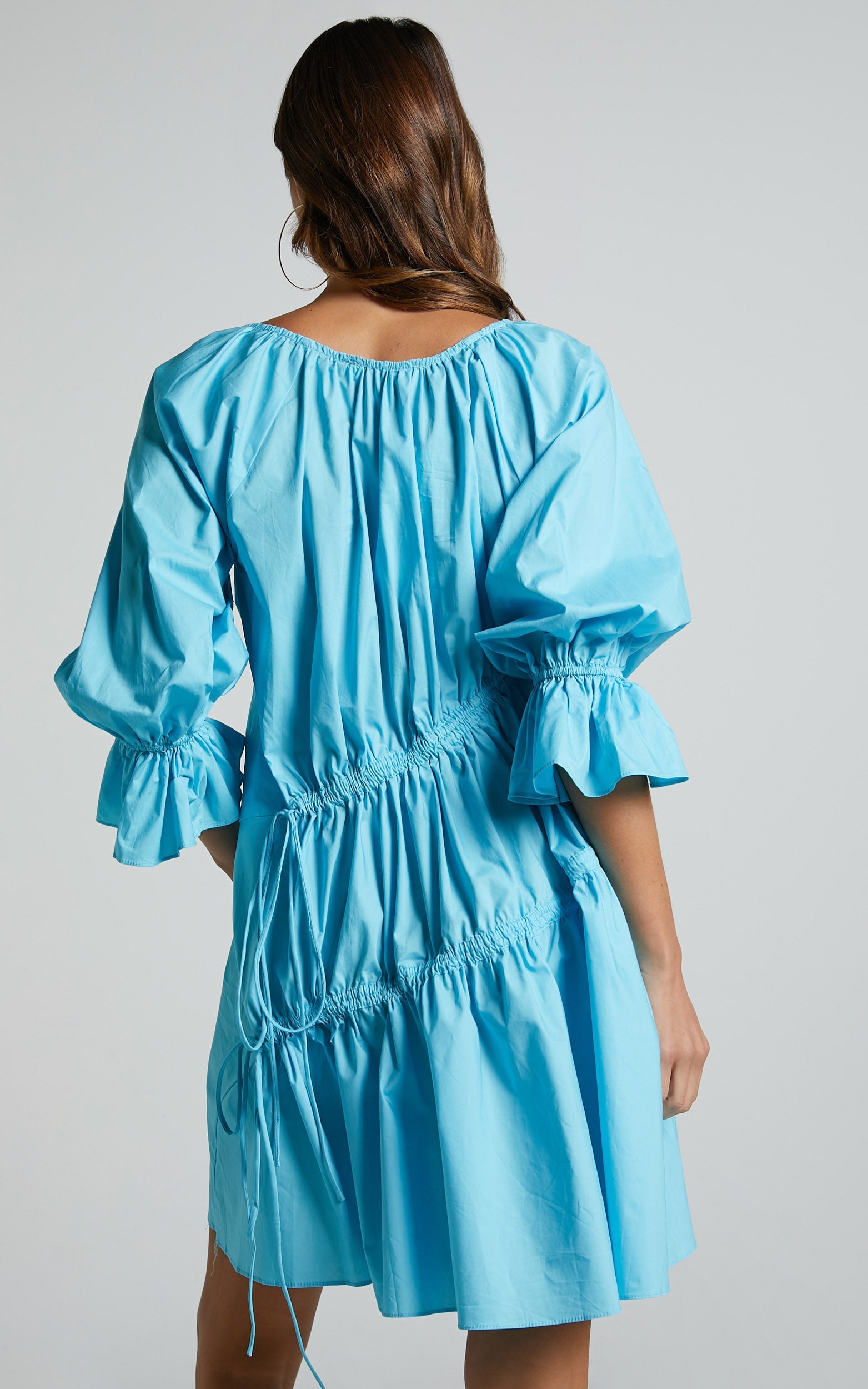 Cameron Mini Dress - Asymmetric 3/4 Sleeve Tiered Ruched Smock Dress in Blue