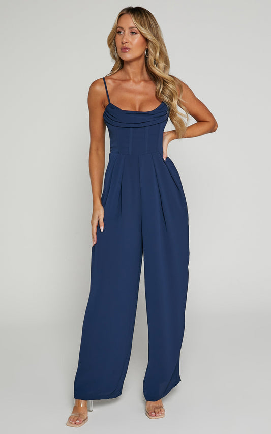 Cameron Jumpsuit - Corset Bodice Wide Leg Jumpsuit in Navy