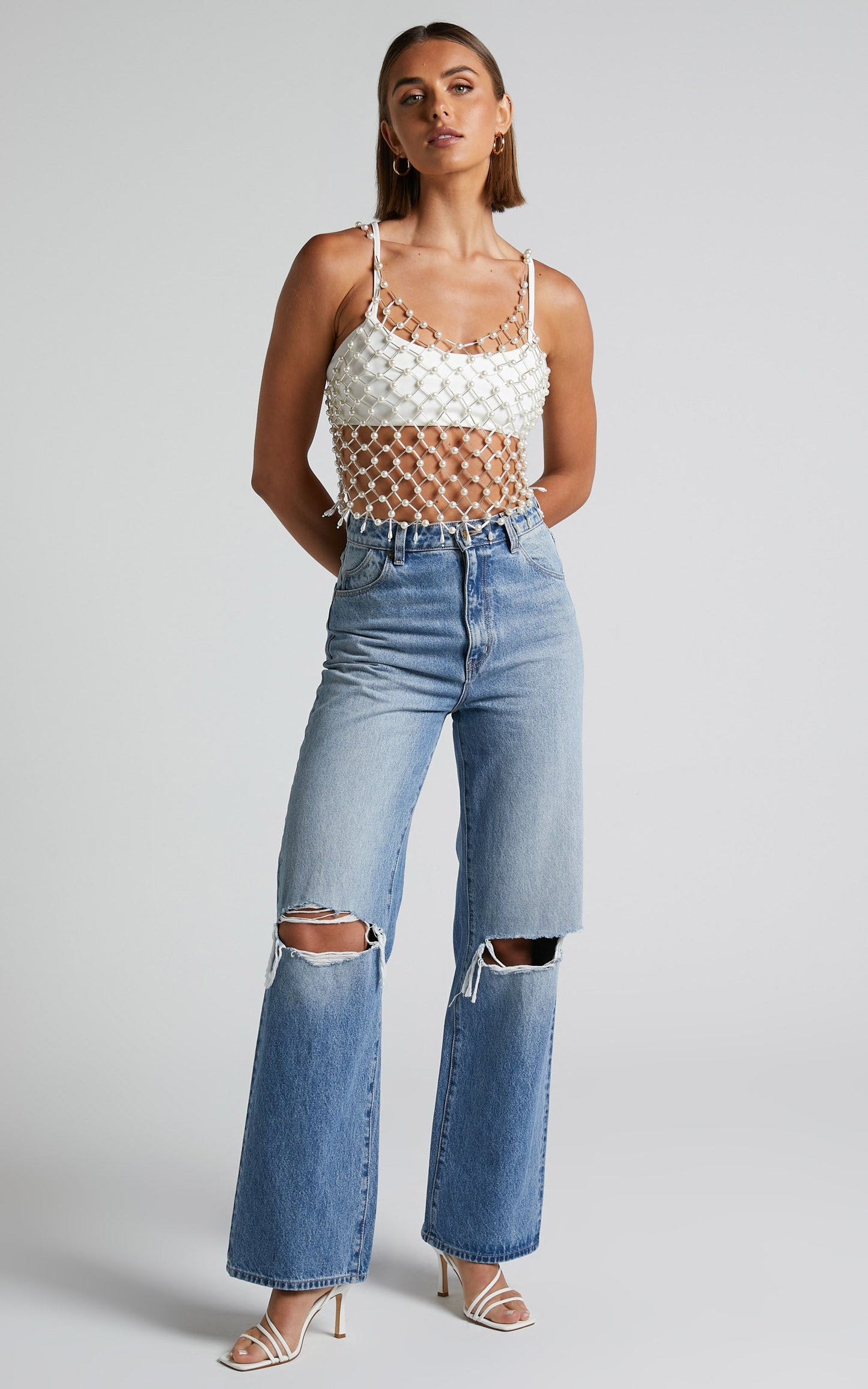 Cameron Top - Pearl Beaded Mesh Top in Pearl