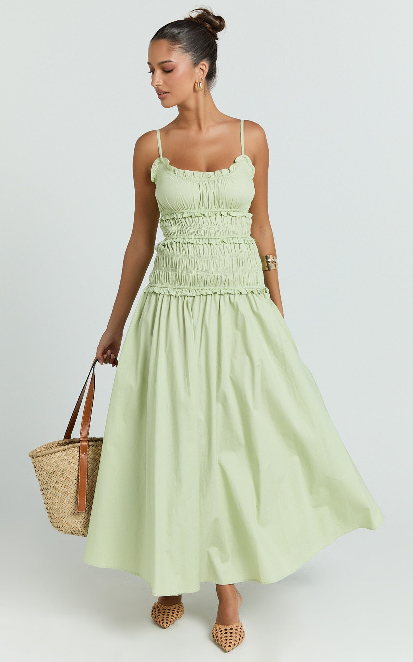 Cami Midi Dress - Rushed Bodice Dress in Sage