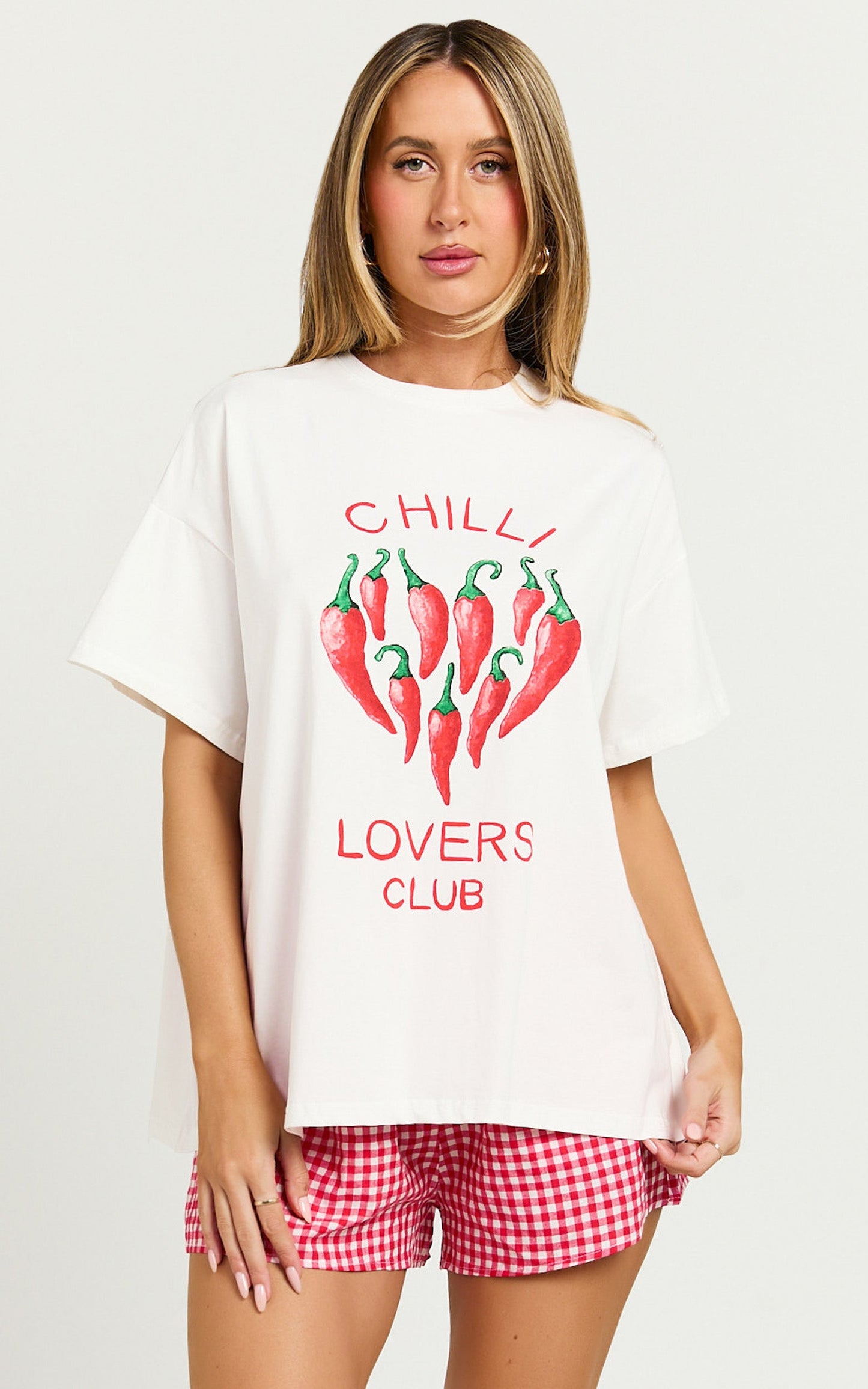 Jayce Two Piece Top and Shorts Set - Gingham Chilli Lovers Club T-shirt Set in White/Red