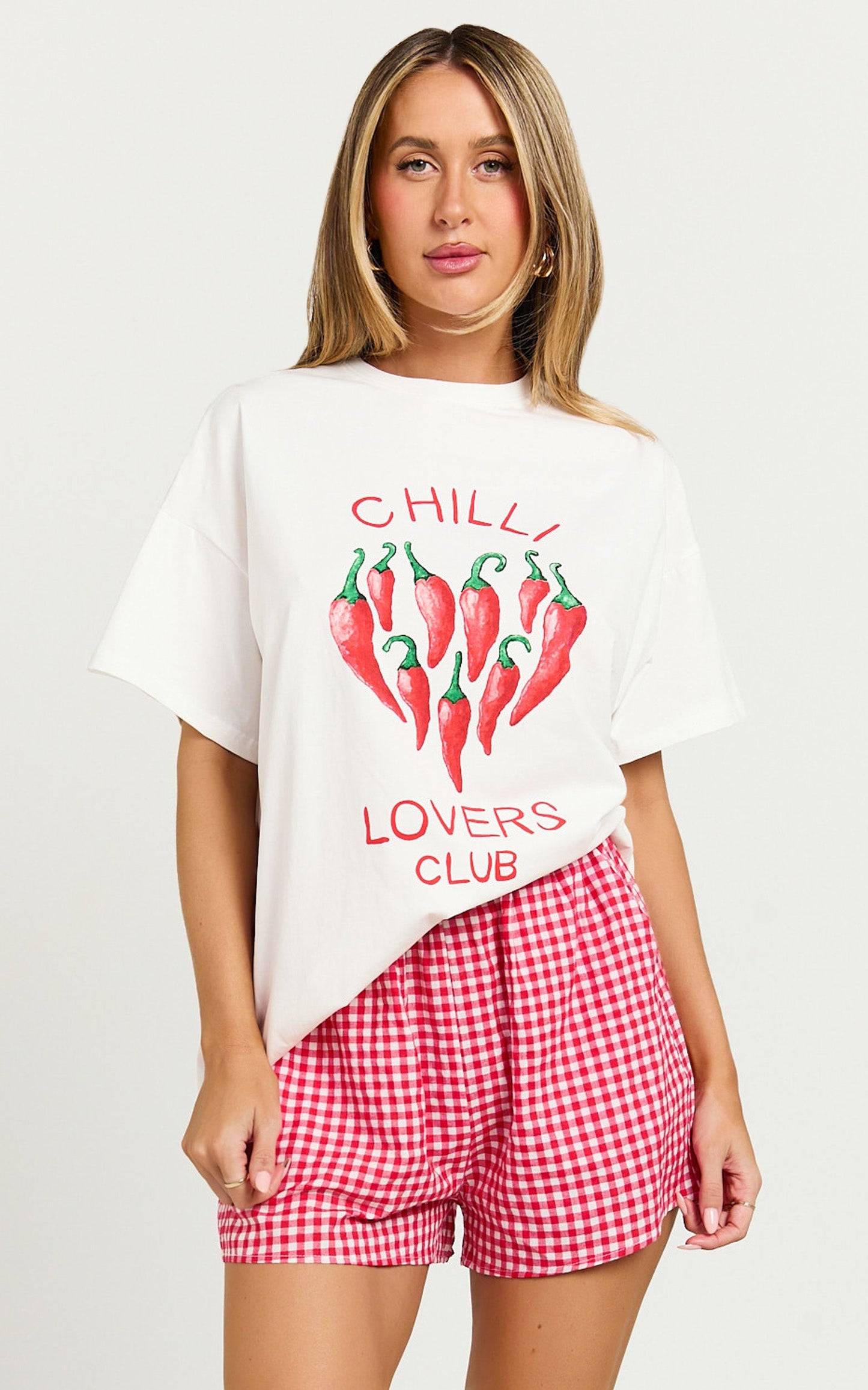 Jayce Two Piece Top and Shorts Set - Gingham Chilli Lovers Club T-shirt Set in White/Red