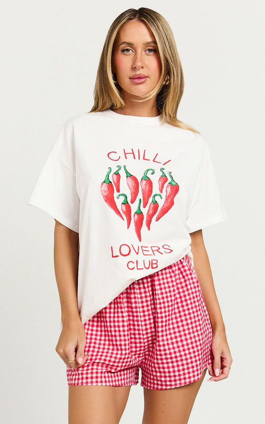 Jayce Two Piece Top and Shorts Set - Gingham Chilli Lovers Club T-shirt Set in White/Red