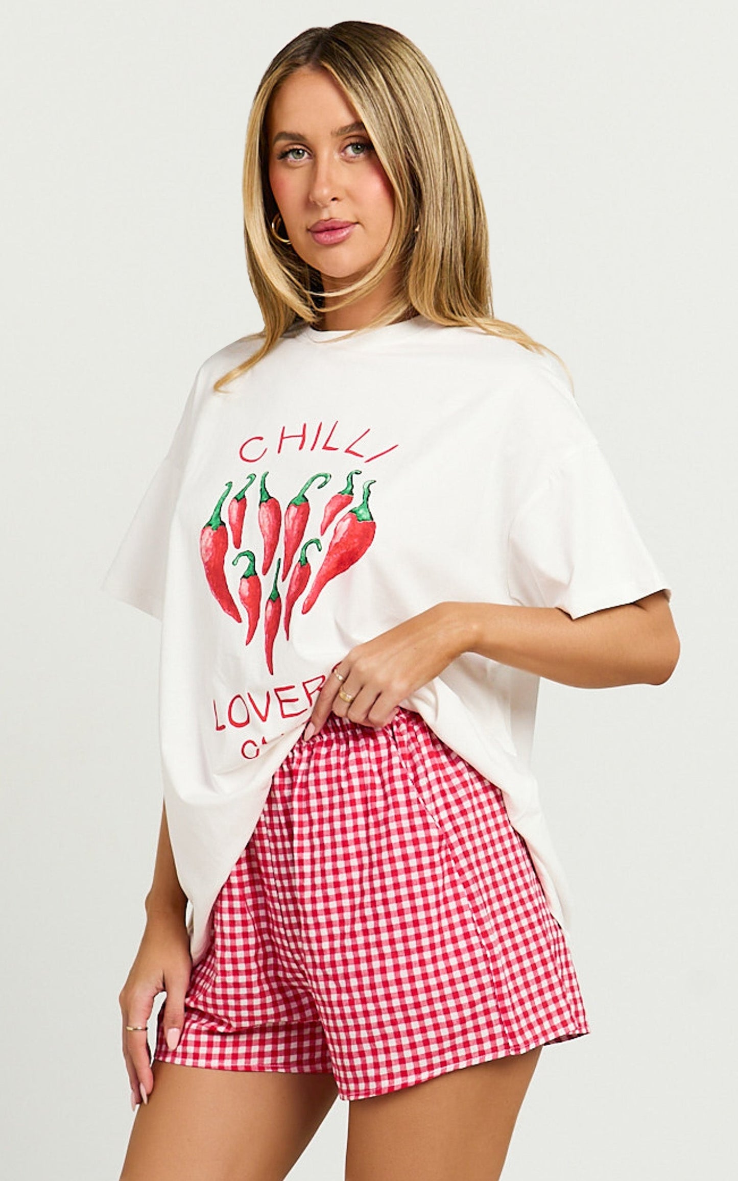 Jayce Two Piece Top and Shorts Set - Gingham Chilli Lovers Club T-shirt Set in White/Red