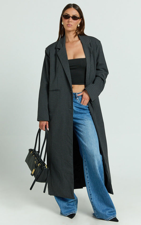 Camille Coat - Pinstripe Single Breasted Longline Coat in Charcoal
