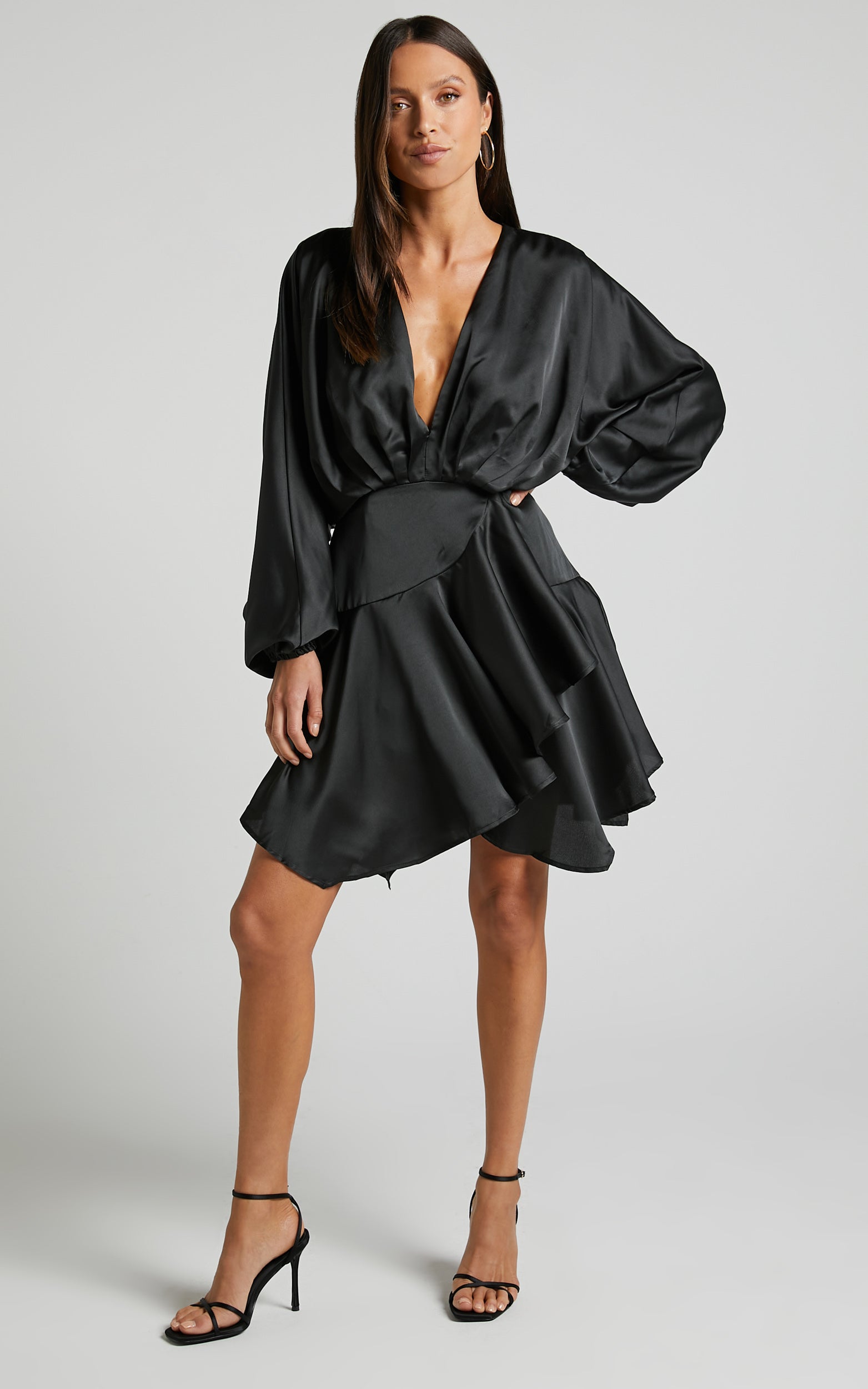 Campbell Mini Dress - V Neck Wrap Skirt Batwing Sleeve Dress in Black