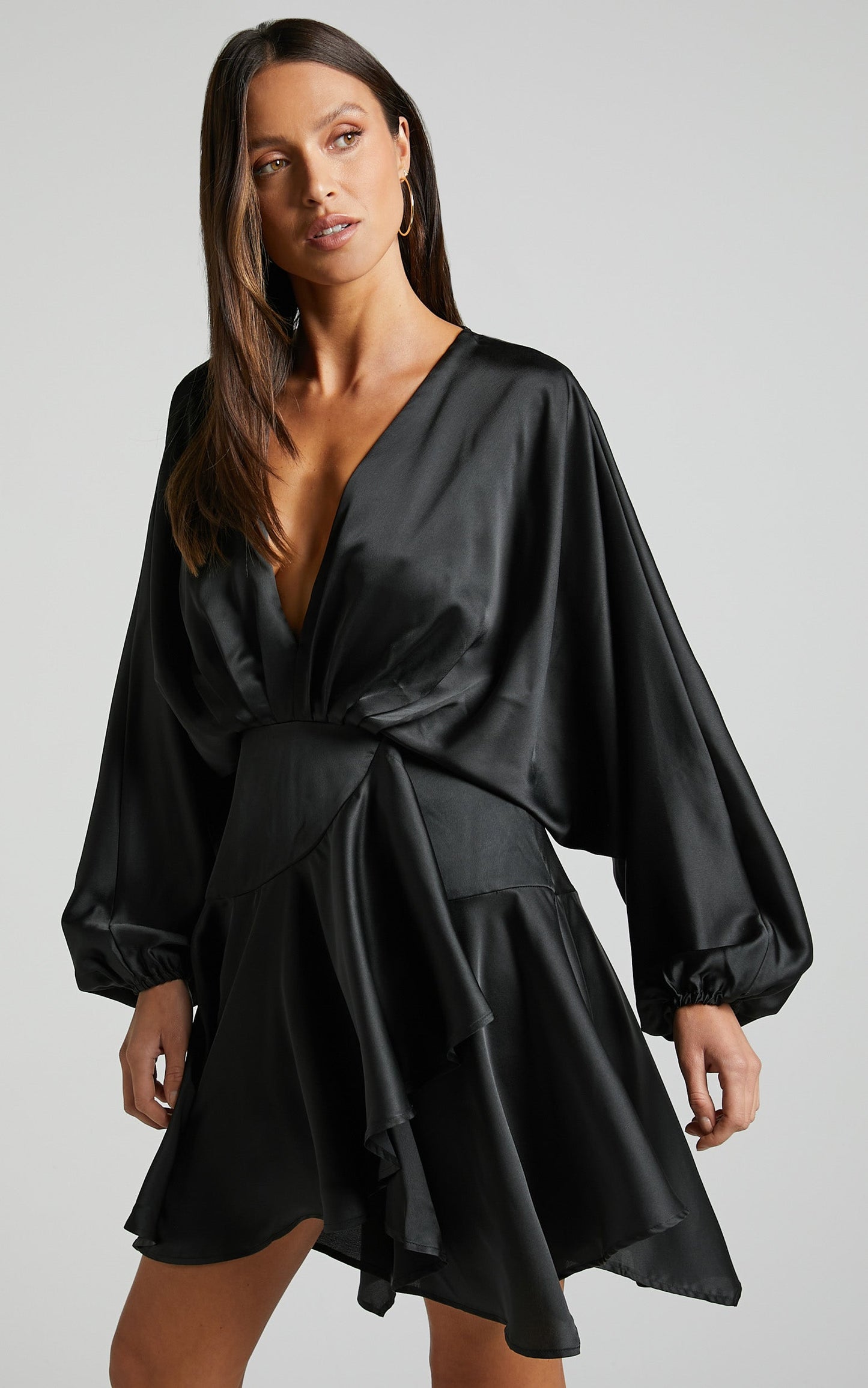 Campbell Mini Dress - V Neck Wrap Skirt Batwing Sleeve Dress in Black