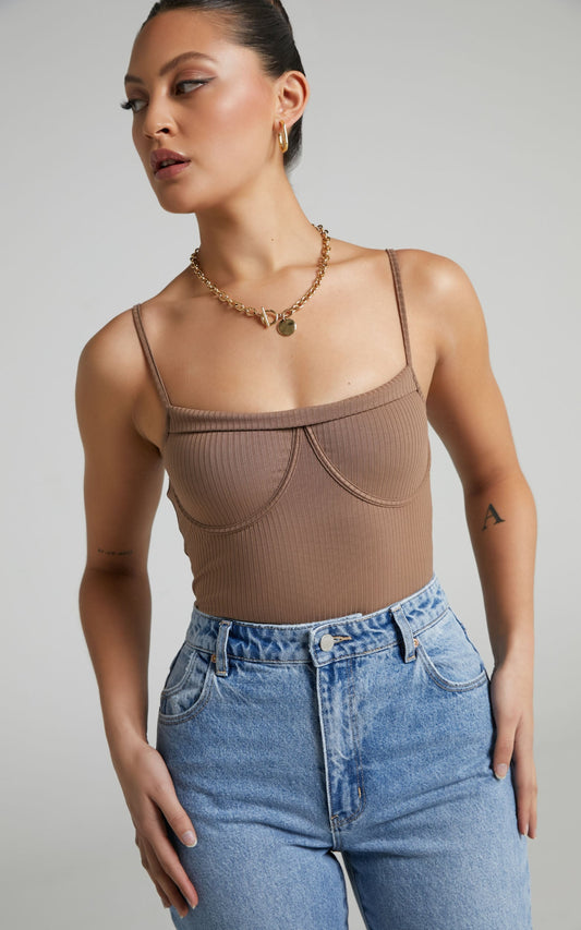 Camryn Bodysuit - Underwire Detail Bodysuit in Mocha
