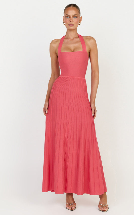 Candace Midi Dress - Halter Neck Ribbed Knit Dress in Grapefruit
