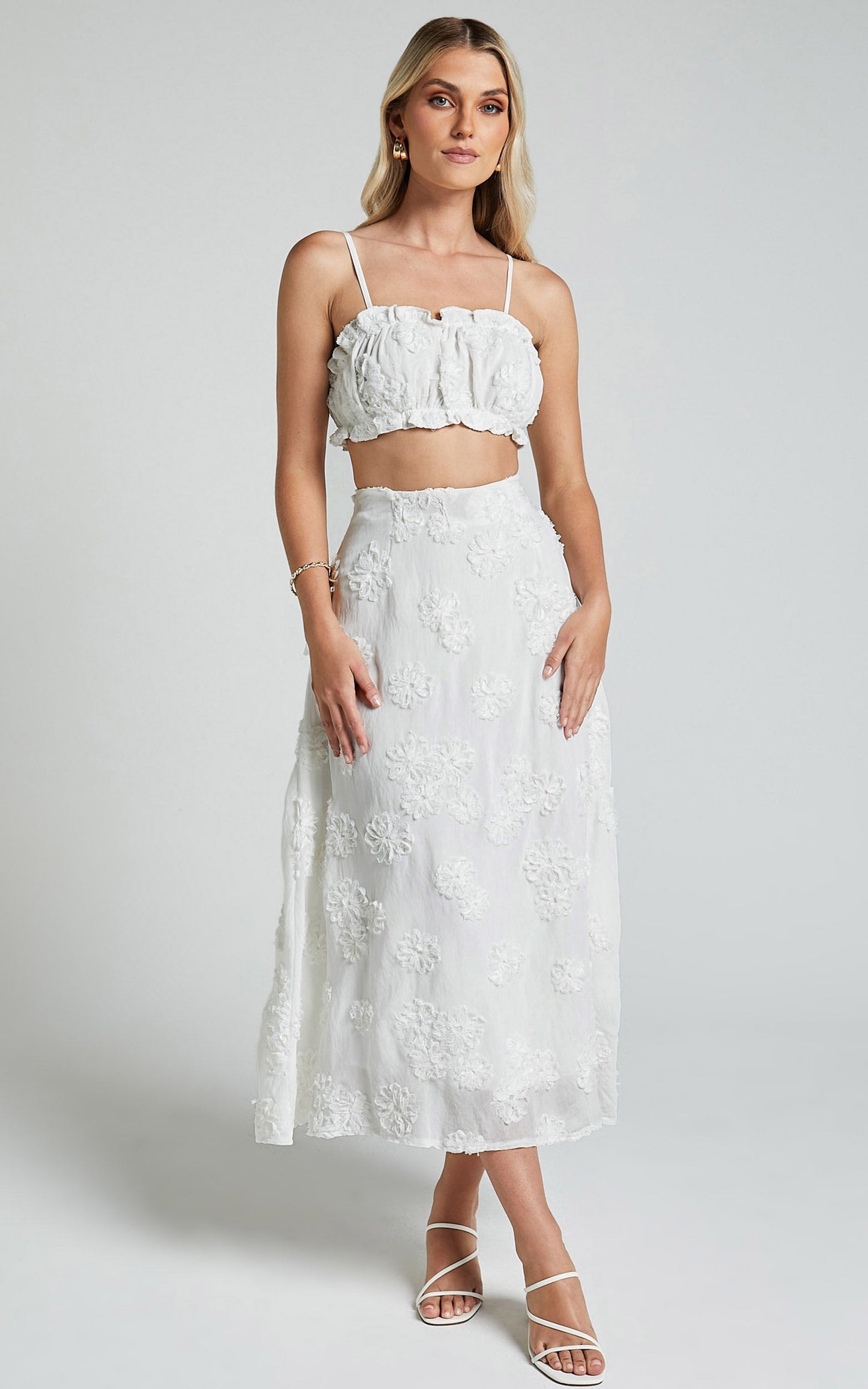 Candy Two Piece Set - Gathered Crop Top & 3D Floral Embroidery Midi Skirt in White