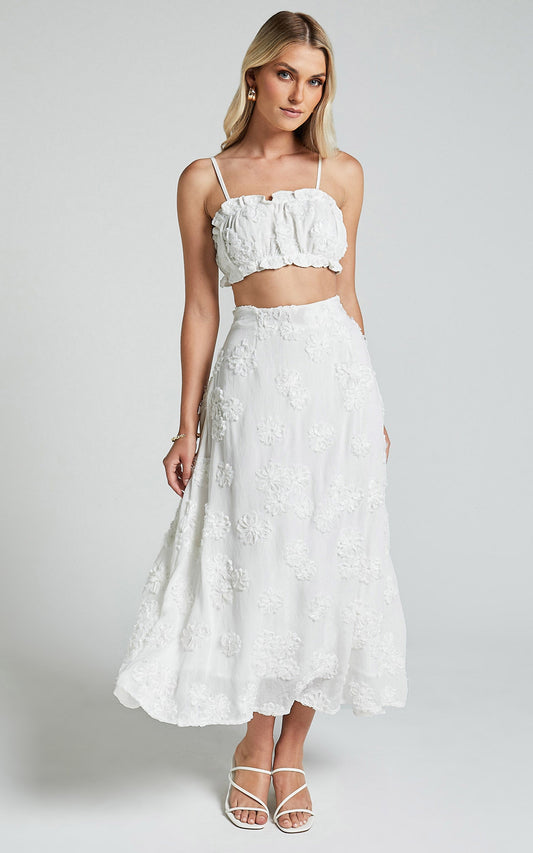 Candy Two Piece Set - Gathered Crop Top & 3D Floral Embroidery Midi Skirt in White