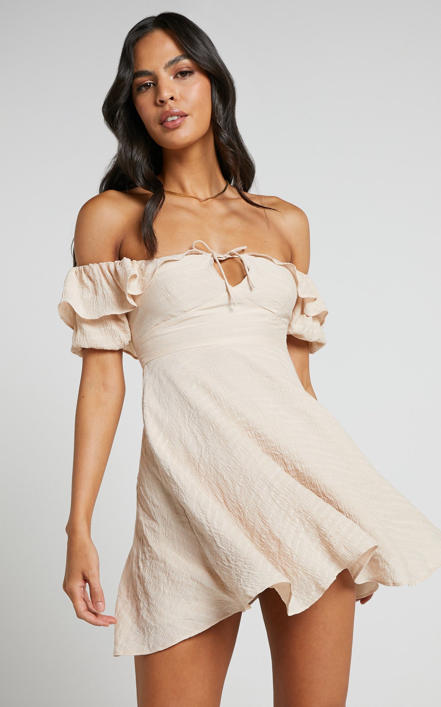 Canthe Mini Dress - Frill Detail Puff Sleeve Off Shoulder Skater Dress in Beige