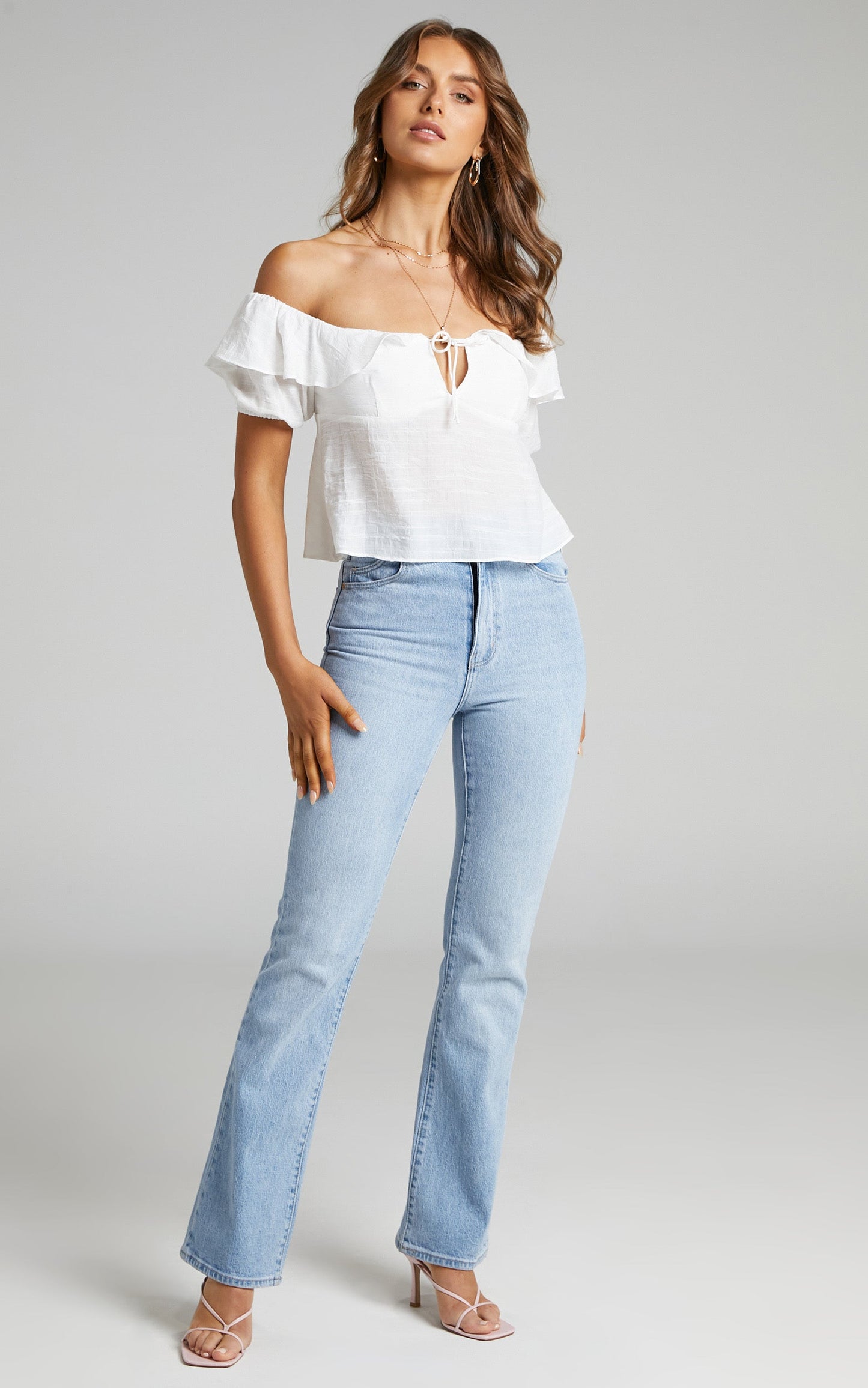 Canthe Frill Detail Puff Sleeve Off Shoulder Top in White