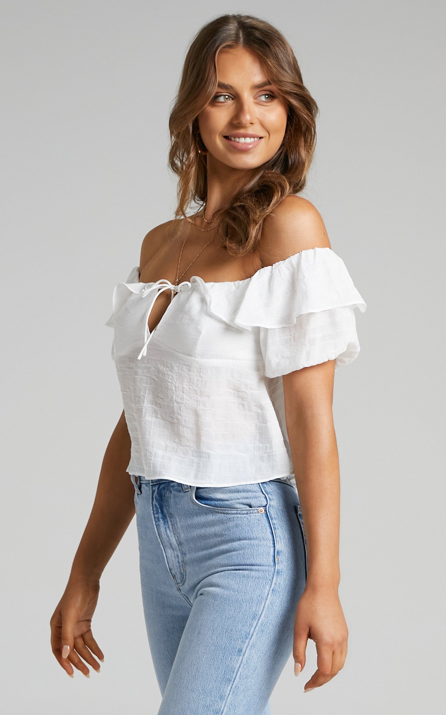 Canthe Frill Detail Puff Sleeve Off Shoulder Top in White