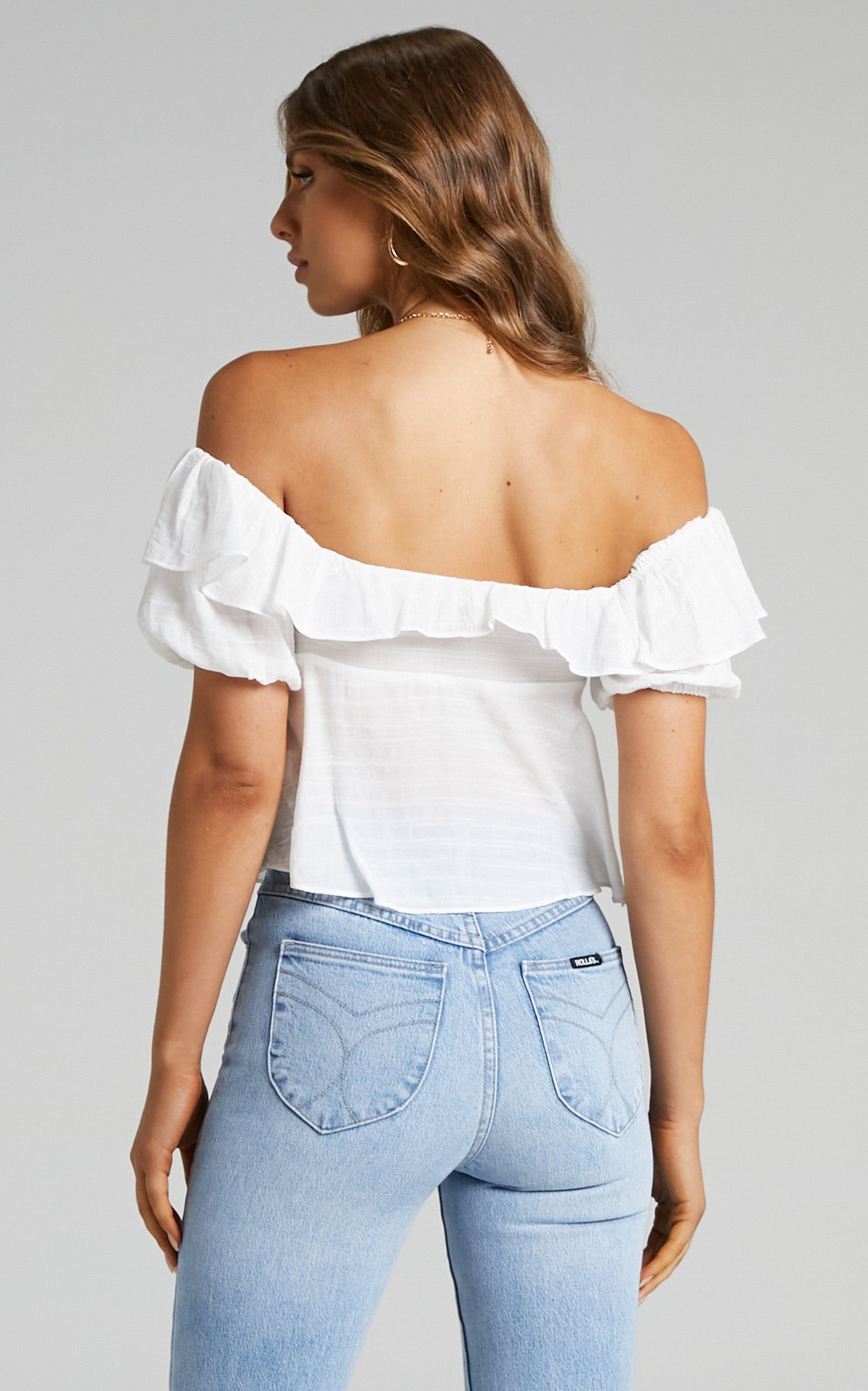 Canthe Frill Detail Puff Sleeve Off Shoulder Top in White