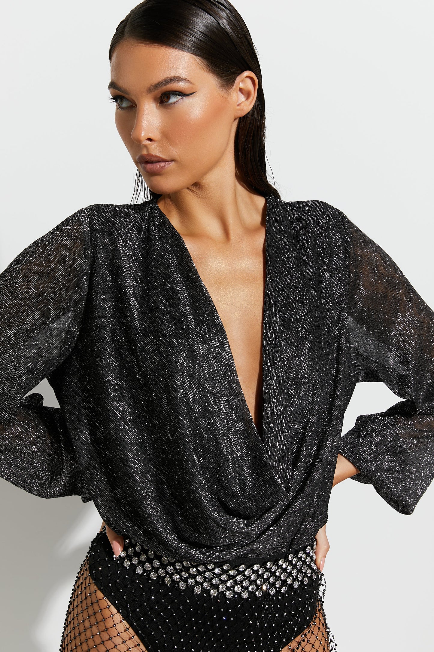 Allanna Bodysuit - Long Sleeve Lurex Bodysuit in Black and Silver