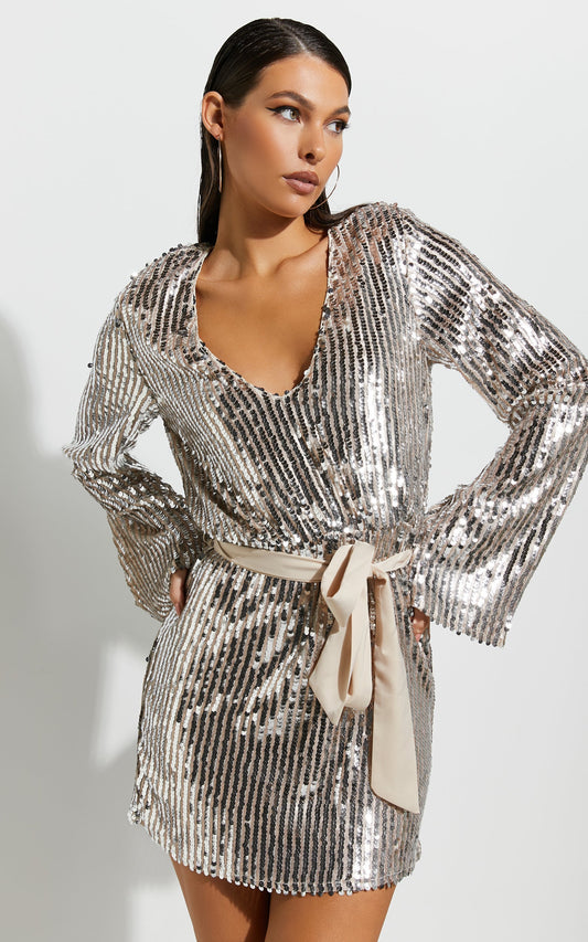 Shellanie Mini Dress - Plunge Long Sleeve Dress in Silver and Gold Sequin