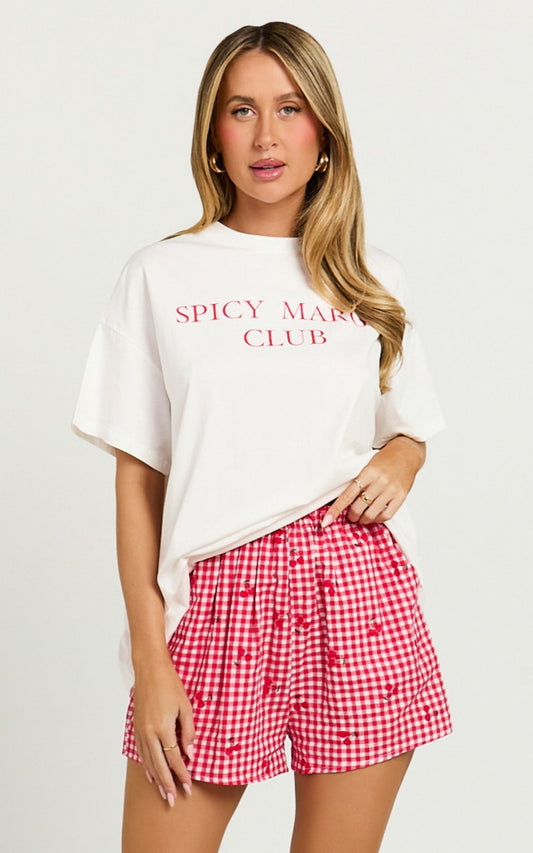 Caralina Two Piece Top and Shorts Set - Cherry Spicy Margs Club T-shirt Set in White/Red