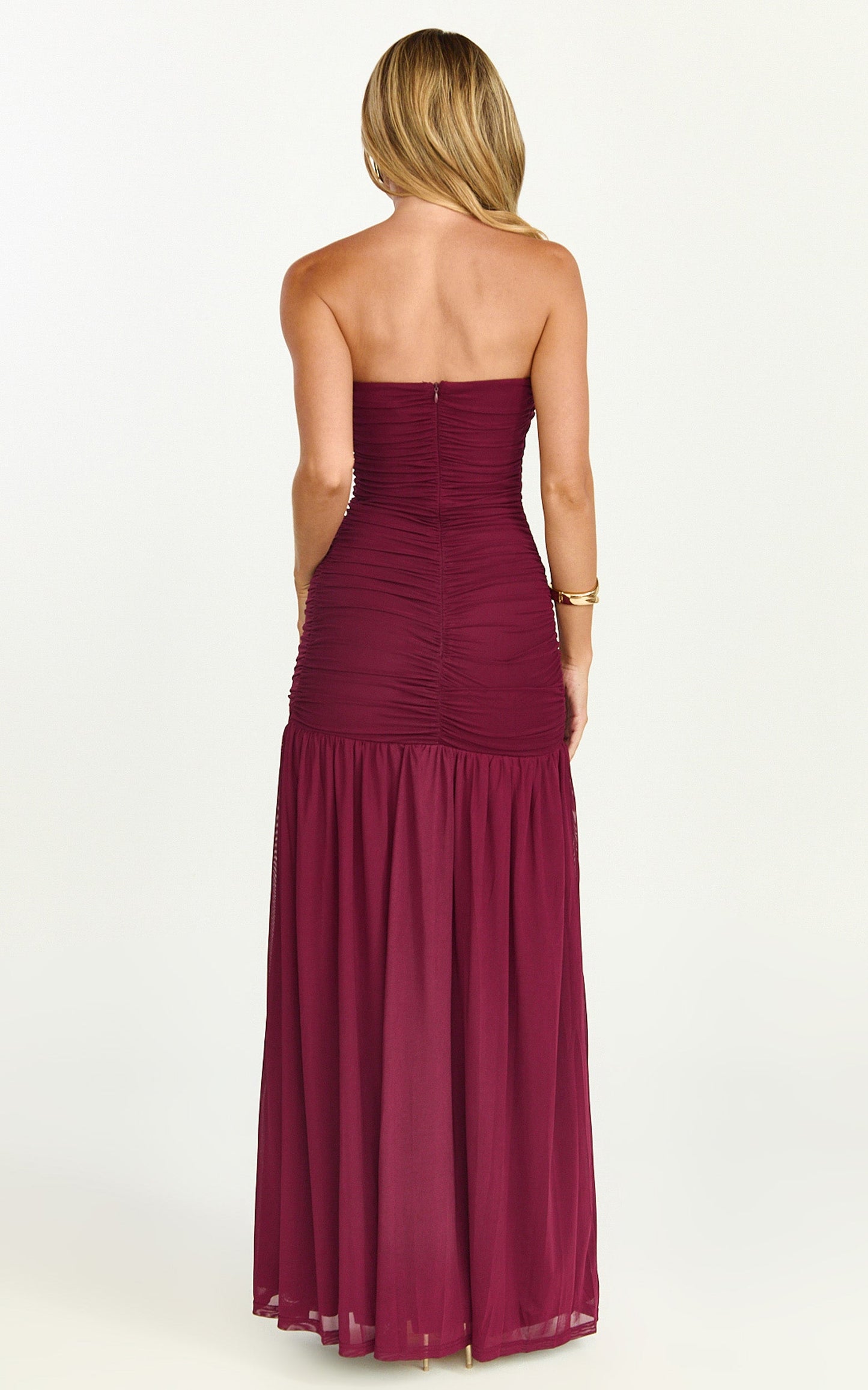 Cardi Maxi Dress - Strapless Ruched Mesh High Leg Split Dress in Wine