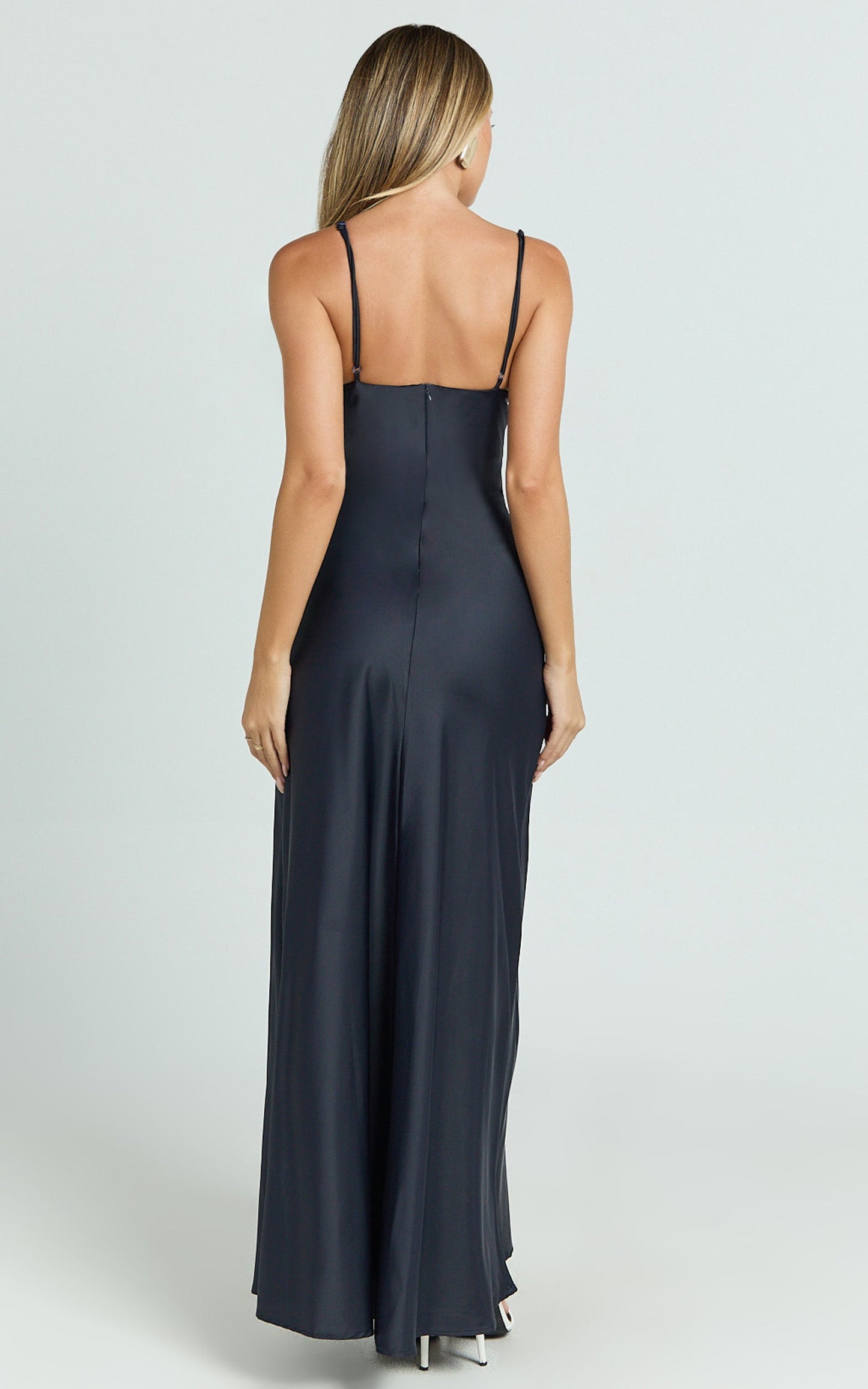 Cariela Midi Dress - Plunge Neck Satin Dress in Navy