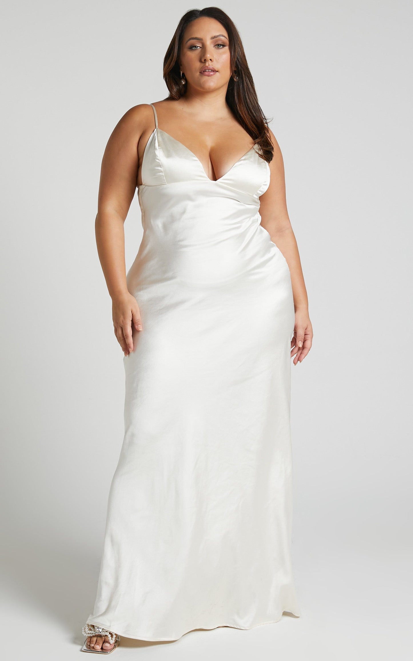Cariela Midi Dress - Plunge Neck Satin Dress in Pearl