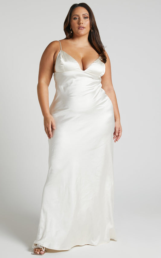 Cariela Midi Dress - Plunge Neck Satin Dress in Pearl