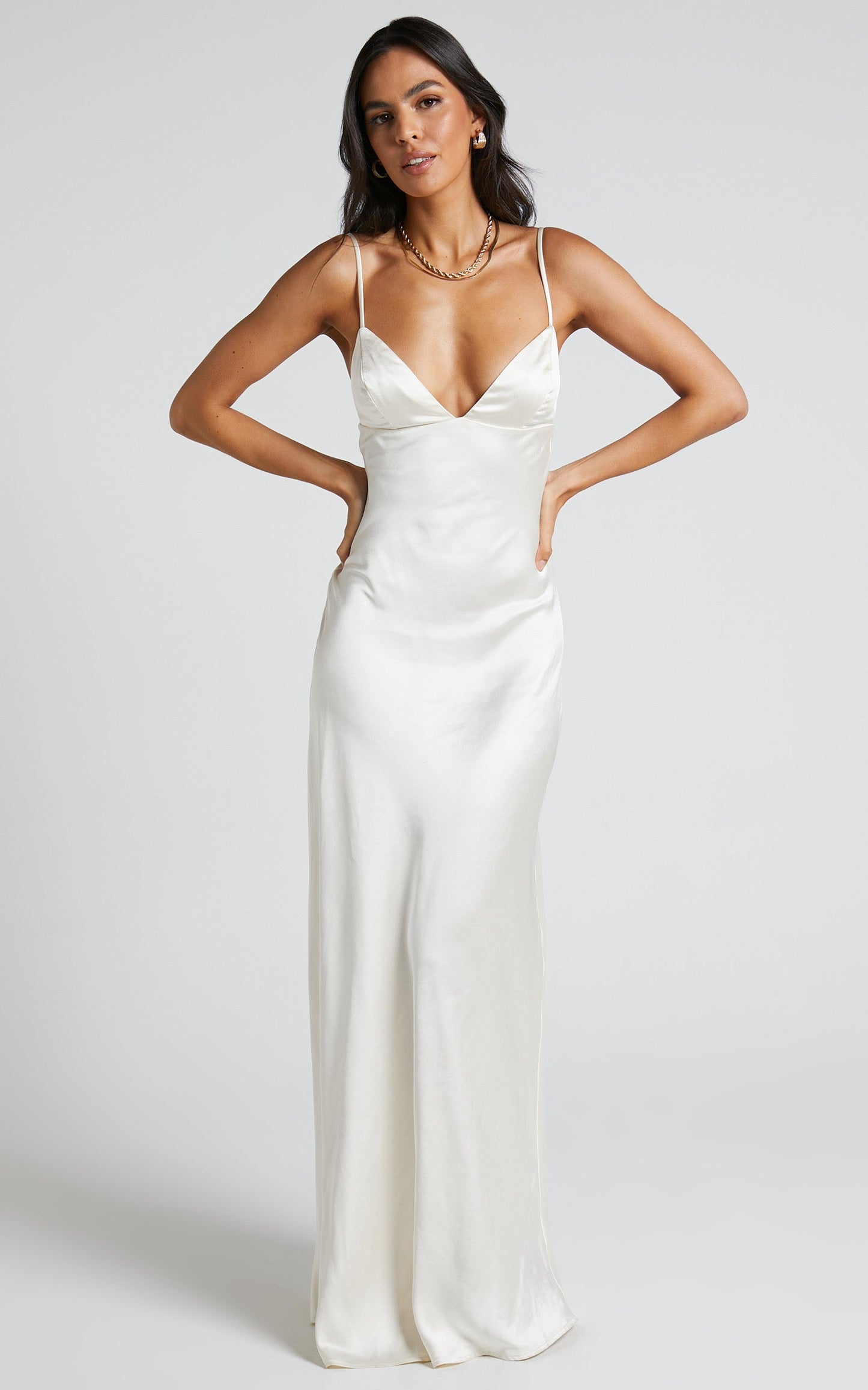 Cariela Midi Dress - Plunge Neck Satin Dress in Pearl