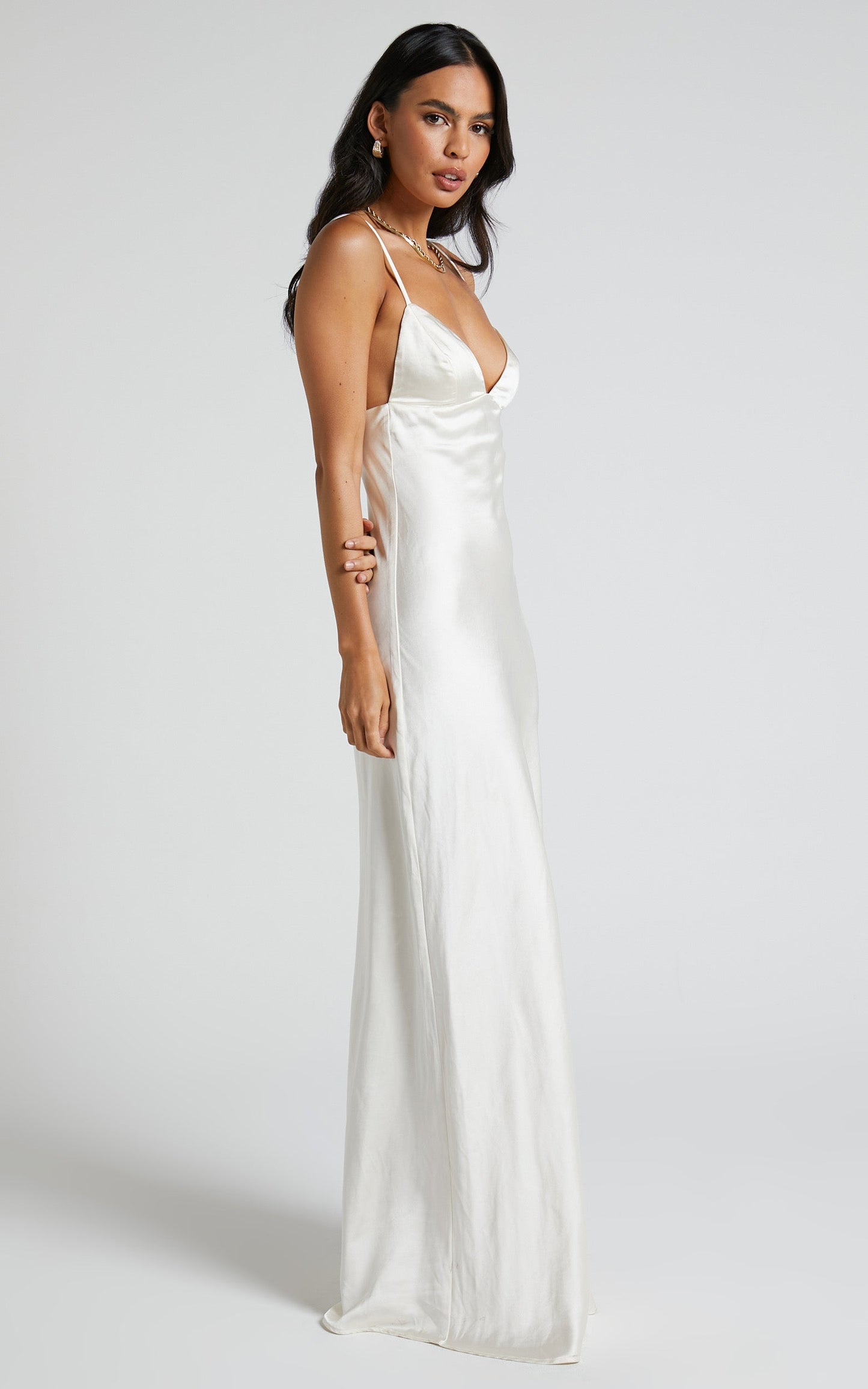Cariela Midi Dress - Plunge Neck Satin Dress in Pearl