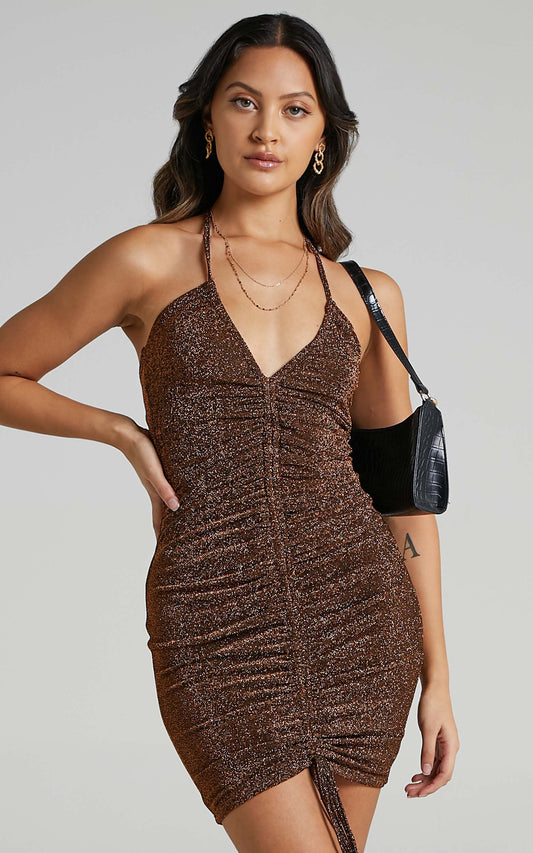 Carissa Ruched Mini Dress in Copper Lurex
