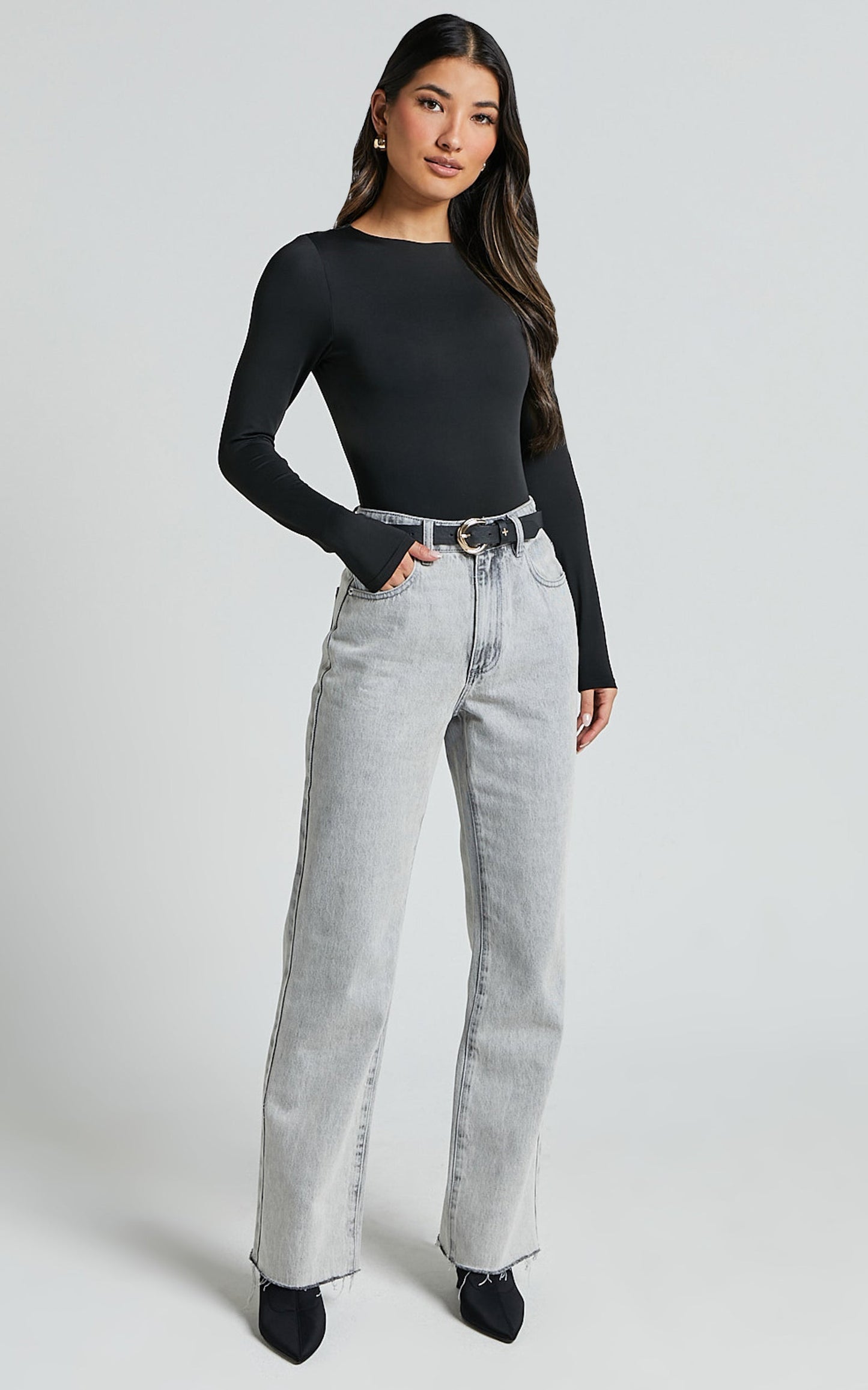 Carla Bodysuit - Long Sleeve Open Back Bodysuit in Black