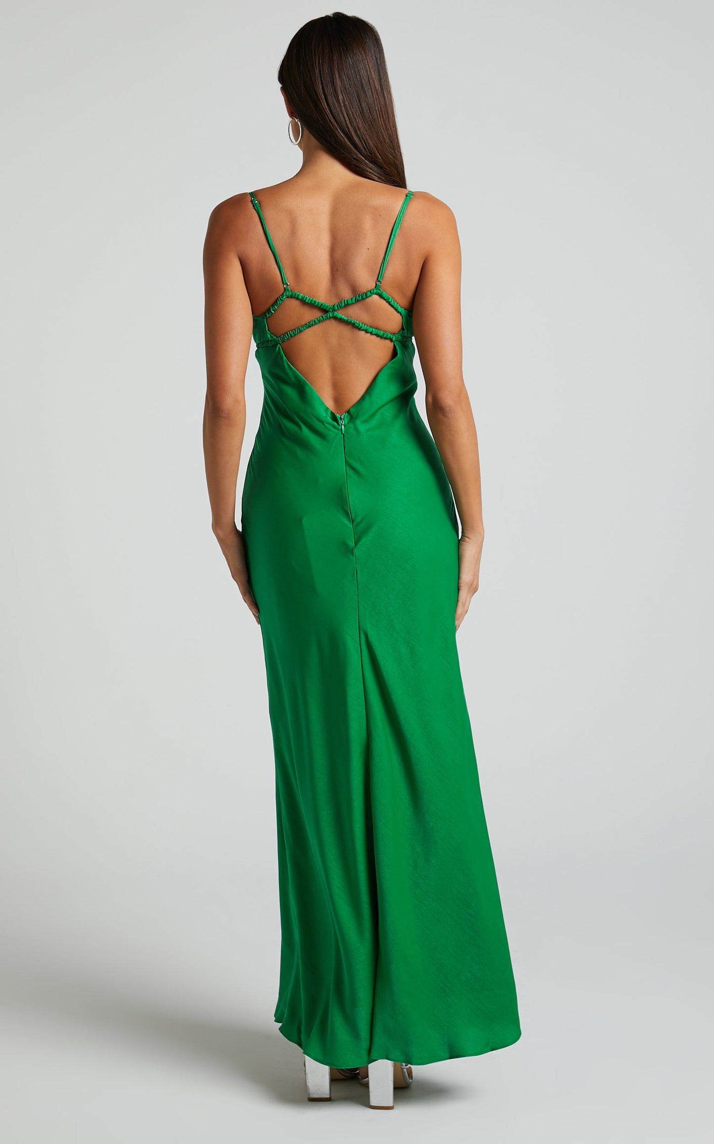 Carla Midi Dress - Ruched Bust Satin Slip Dress in Green