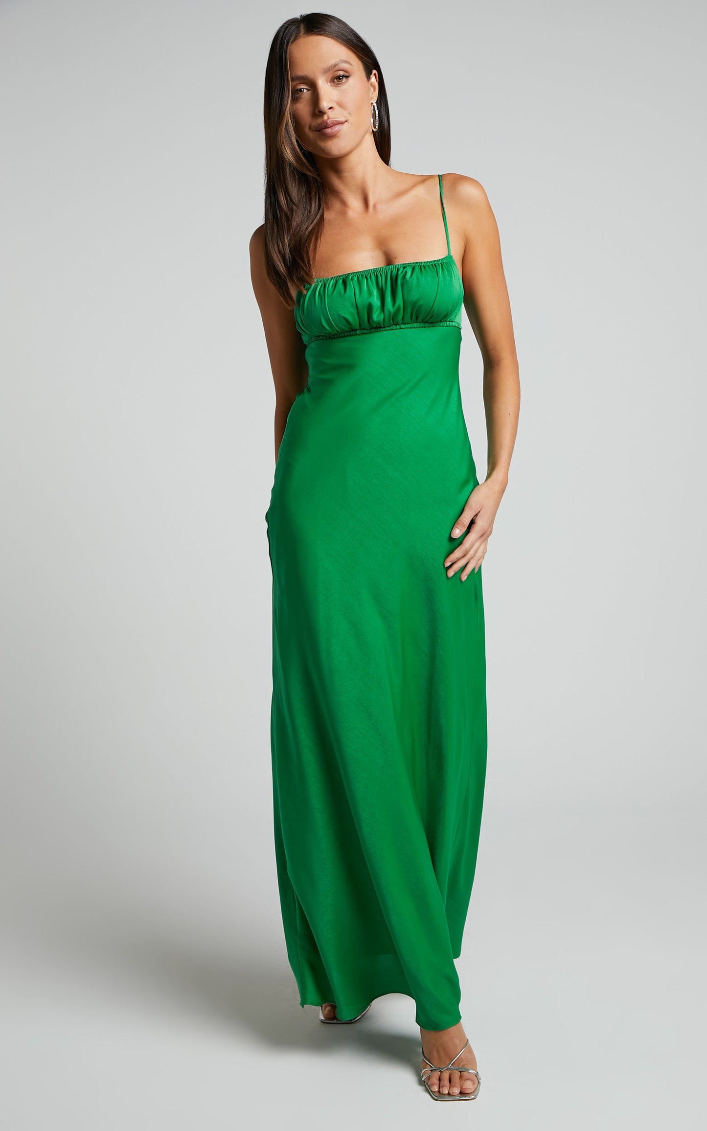 Carla Midi Dress - Ruched Bust Satin Slip Dress in Green