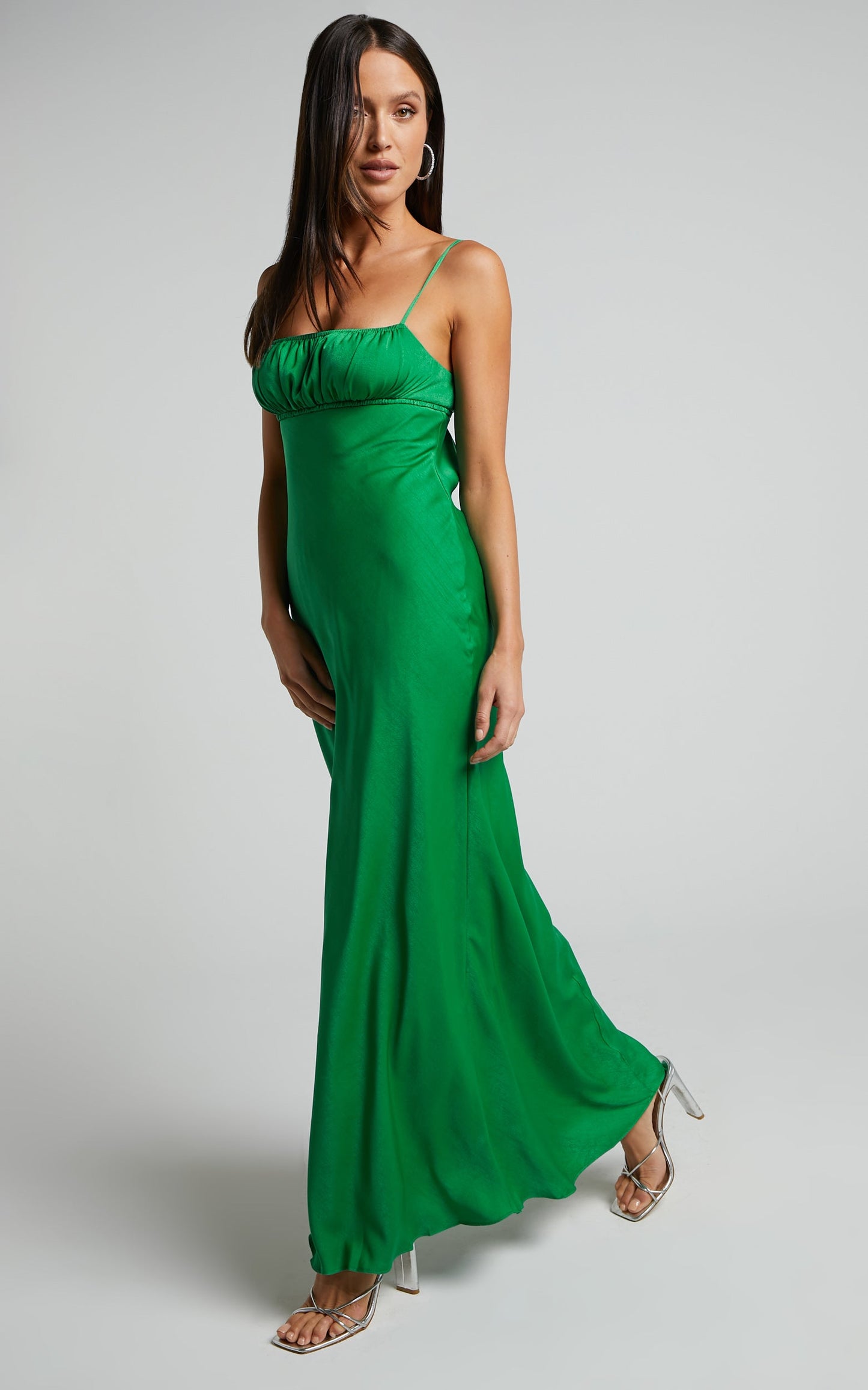 Carla Midi Dress - Ruched Bust Satin Slip Dress in Green