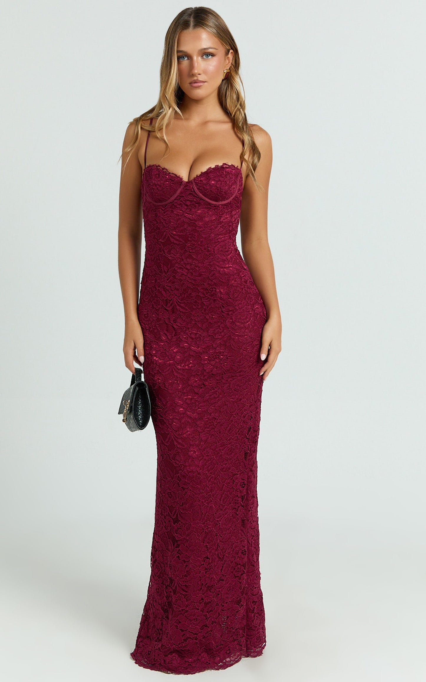 Carli Maxi Dress - Adjustable Strap Corset Bodycon Lace Dress in Wine