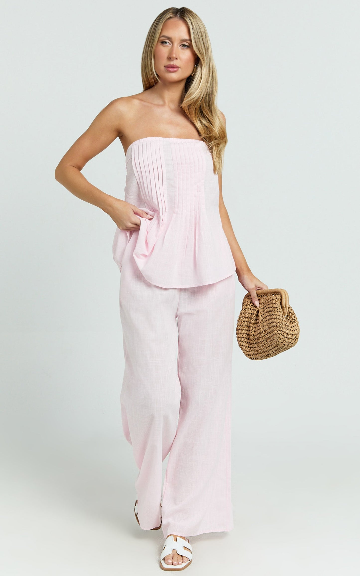 Carli Two Piece Top and Pants Set - Cotton Tube Pant Set in Pink