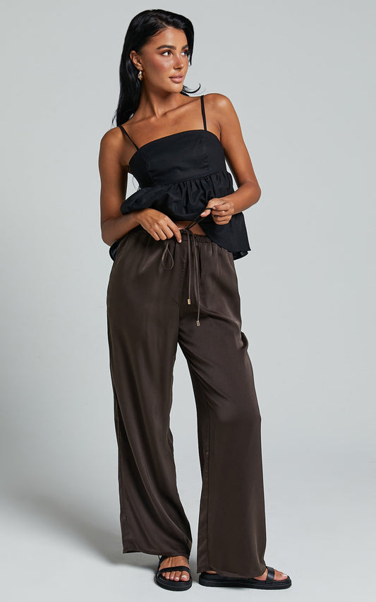 Carlynne Pants - Satin Relaxed Mid Rise Drawstring Pants in Chocolate