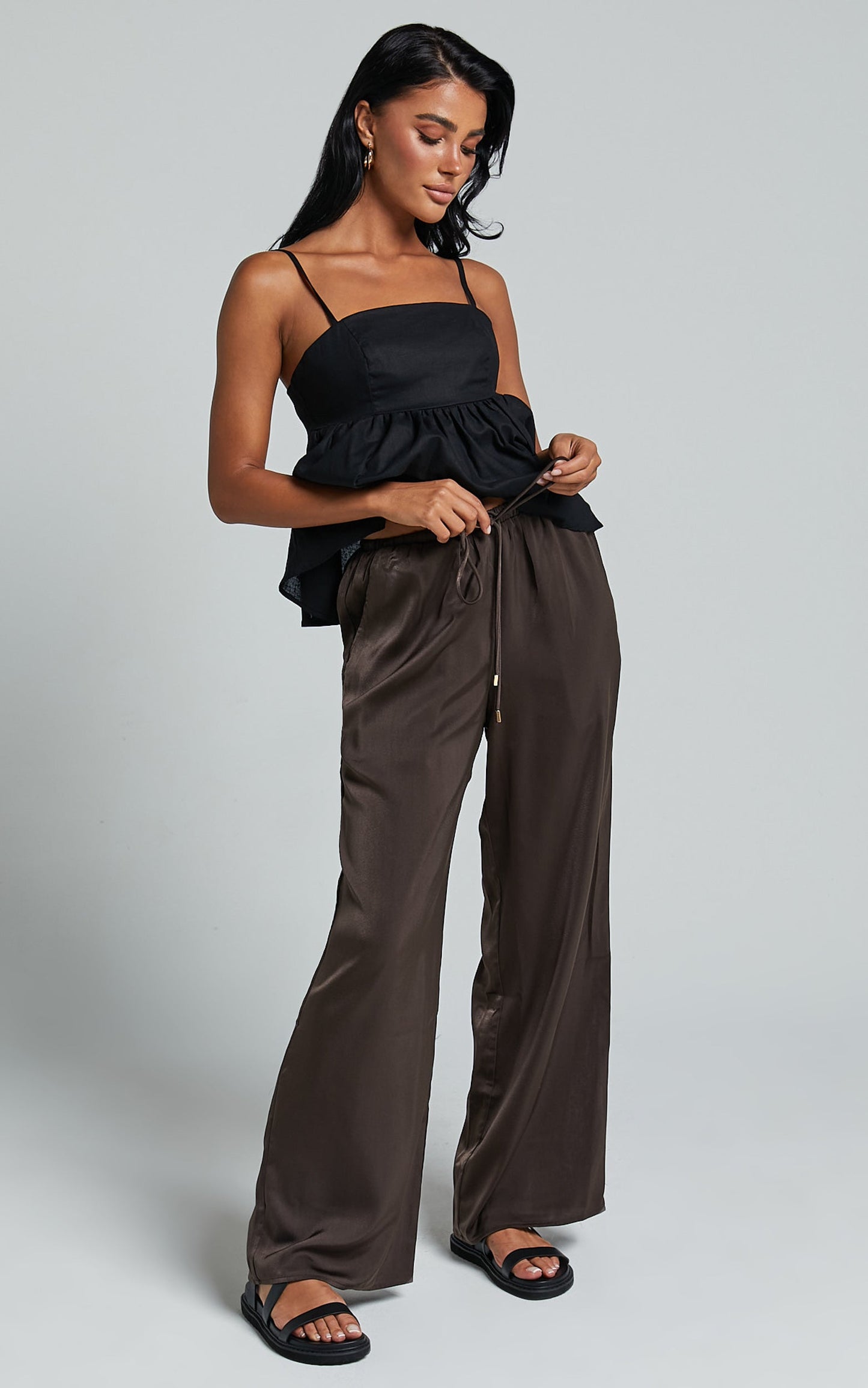 Carlynne Pants - Satin Relaxed Mid Rise Drawstring Pants in Chocolate