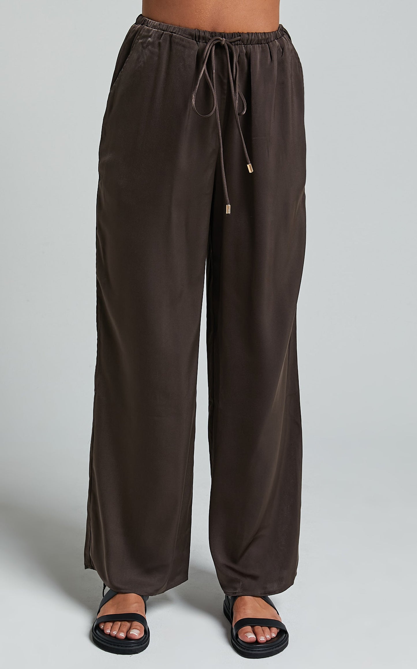 Carlynne Pants - Satin Relaxed Mid Rise Drawstring Pants in Chocolate