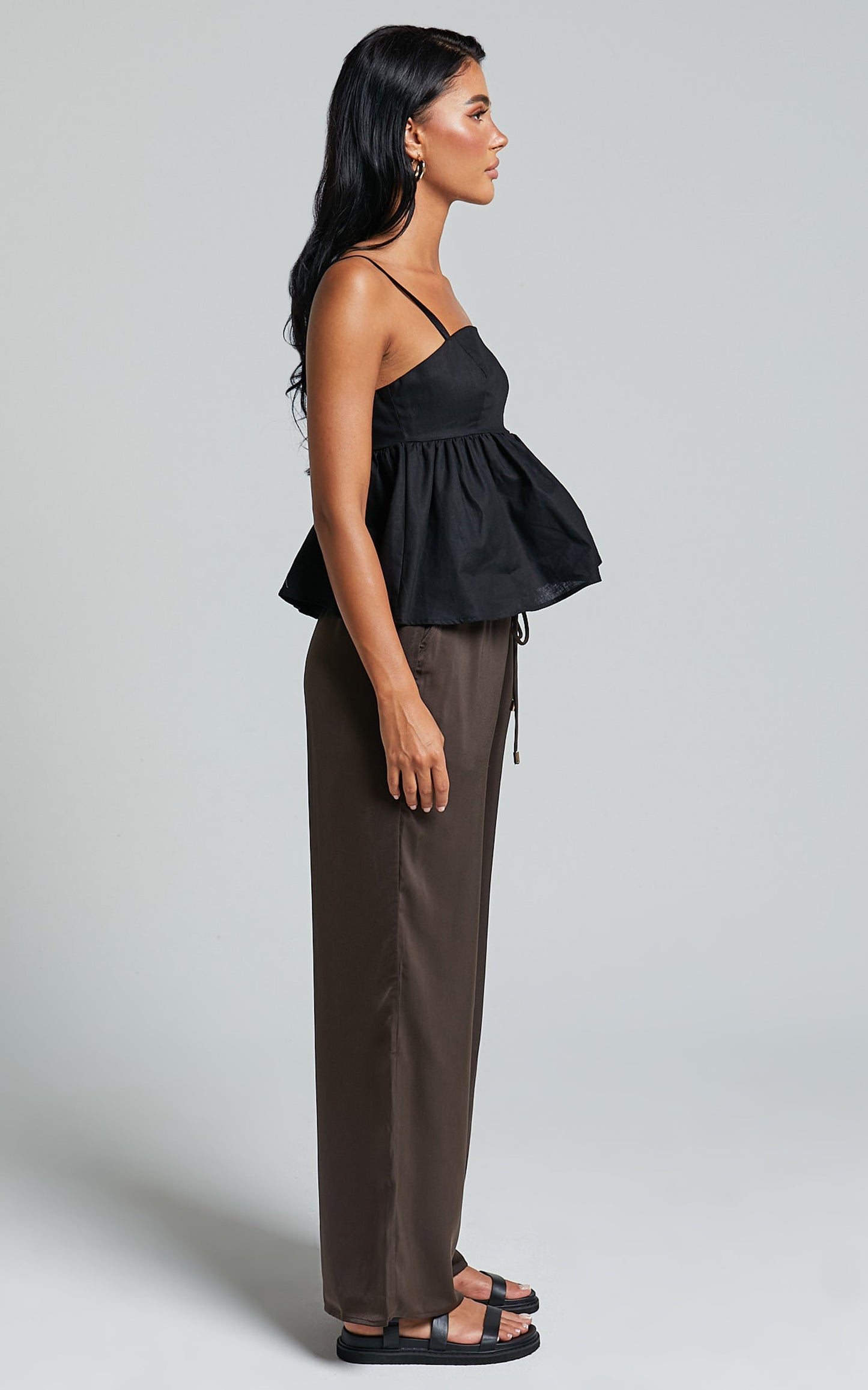 Carlynne Pants - Satin Relaxed Mid Rise Drawstring Pants in Chocolate